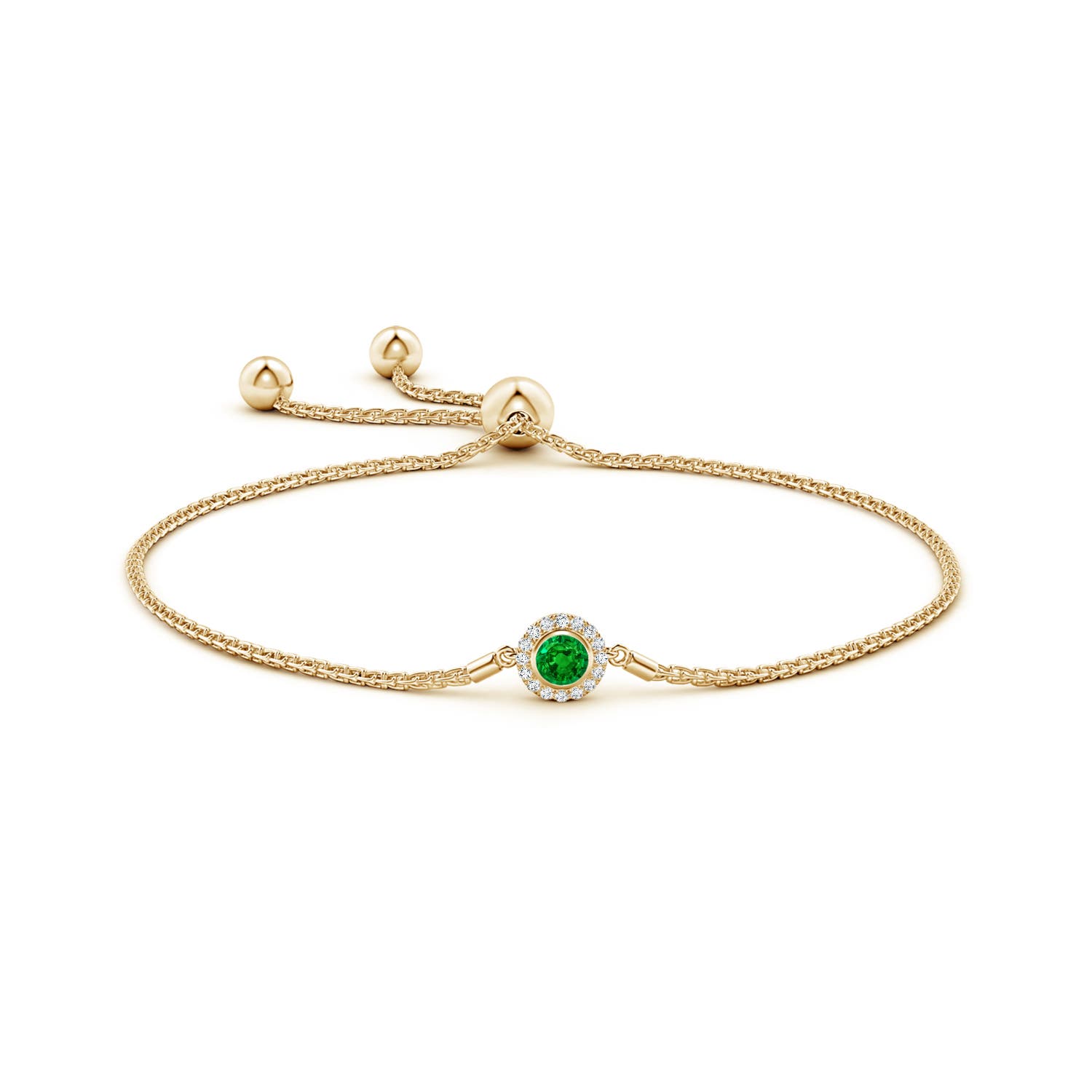 4mm AAAA Bezel-Set Emerald Bolo Bracelet with Diamond Halo in Yellow Gold
