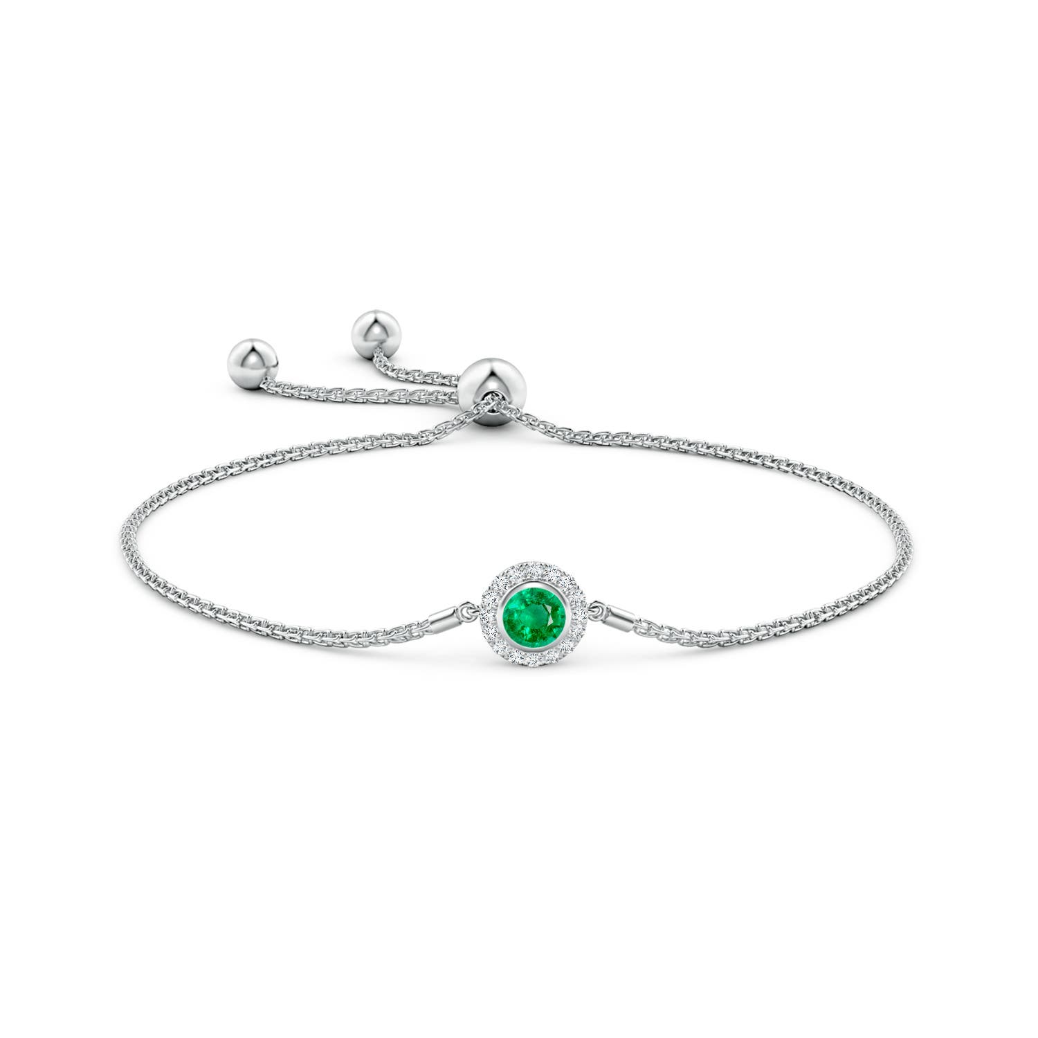 5mm AAA Bezel-Set Emerald Bolo Bracelet with Diamond Halo in White Gold - side 1