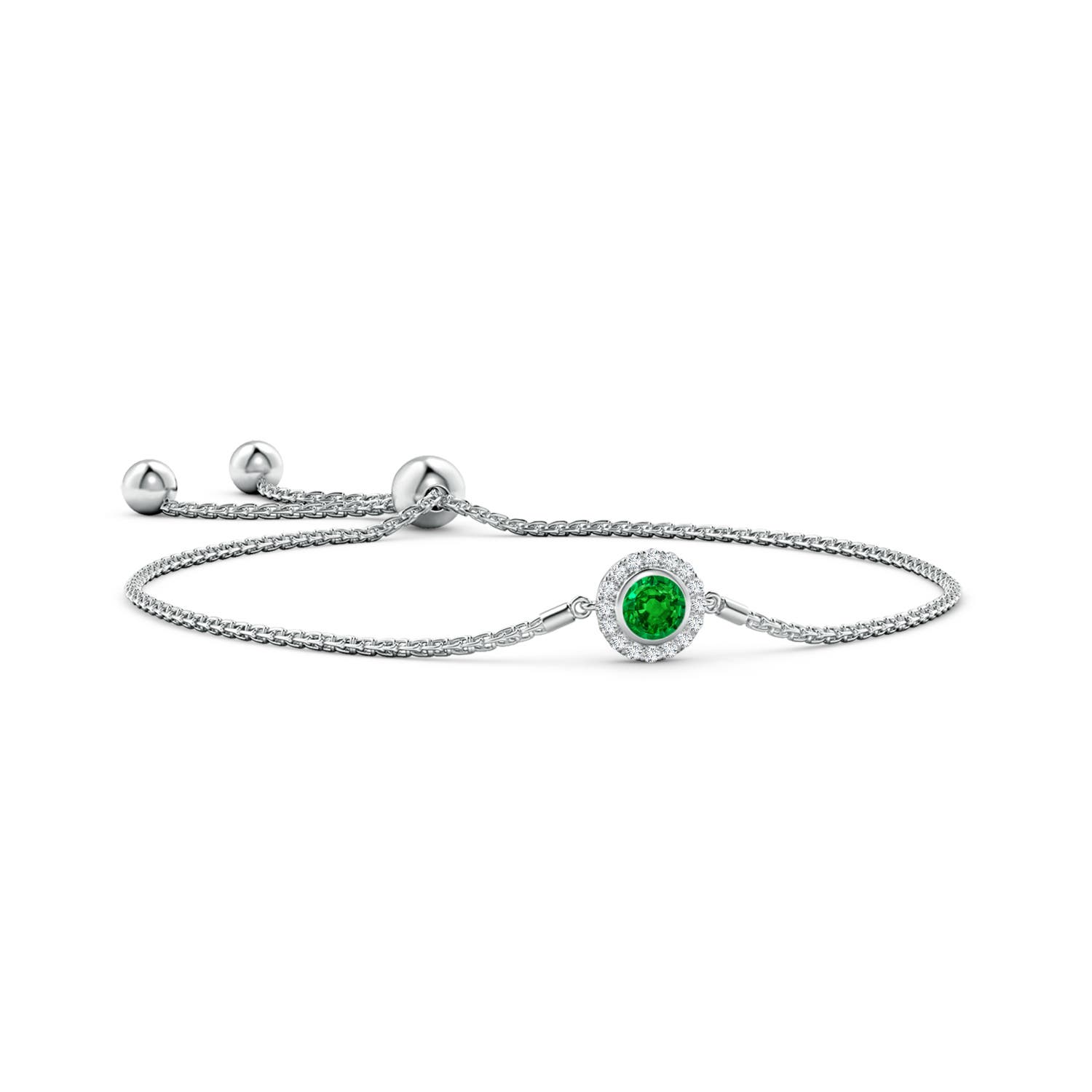 5mm AAAA Bezel-Set Emerald Bolo Bracelet with Diamond Halo in White Gold