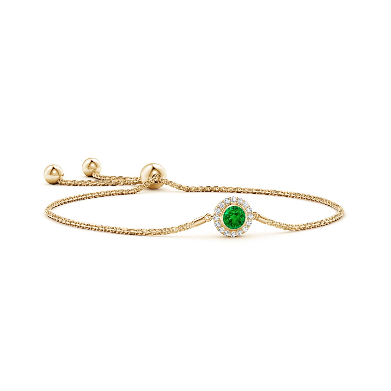 5mm AAAA Bezel-Set Emerald Bolo Bracelet with Diamond Halo in Yellow Gold