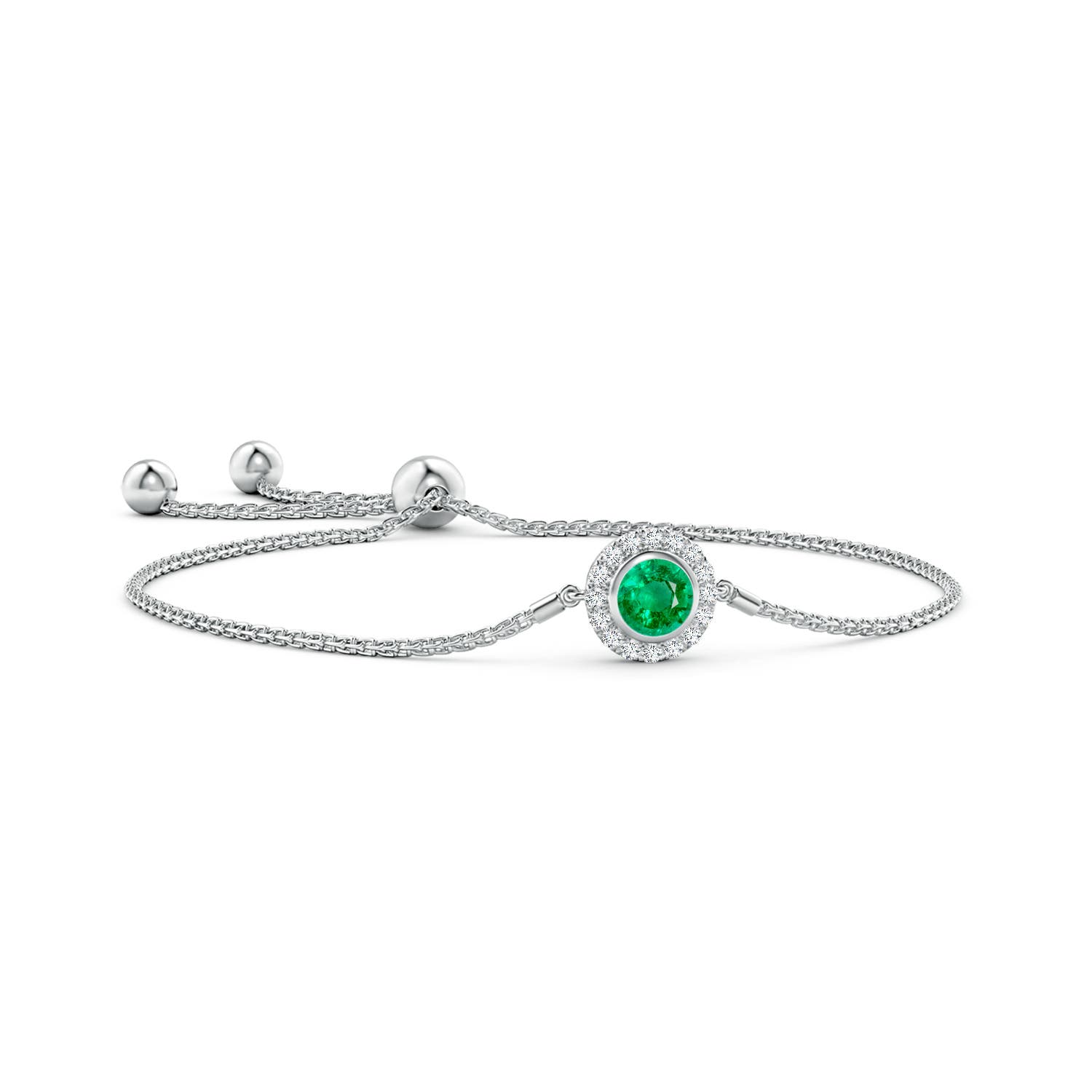 6mm AAA Bezel-Set Emerald Bolo Bracelet with Diamond Halo in White Gold