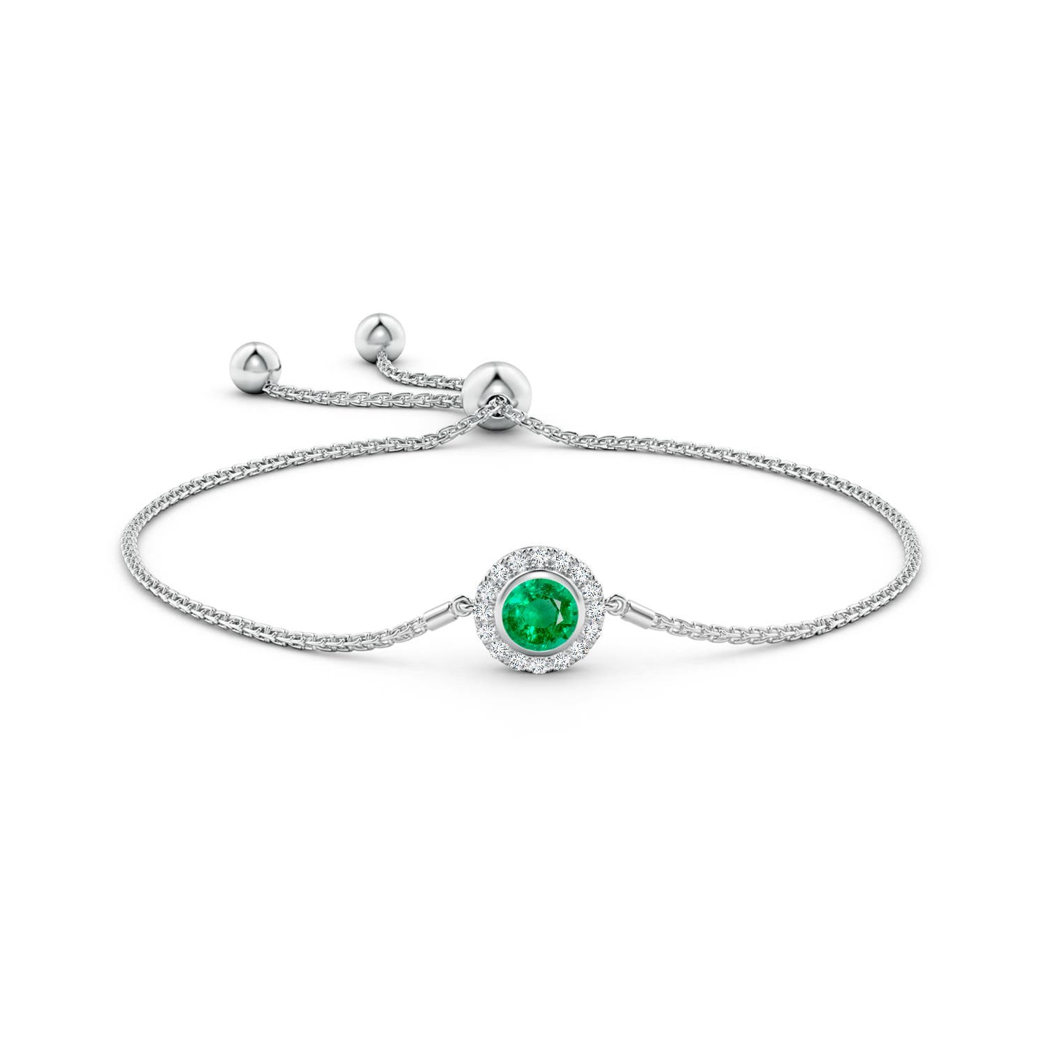 6mm AAA Bezel-Set Emerald Bolo Bracelet with Diamond Halo in White Gold