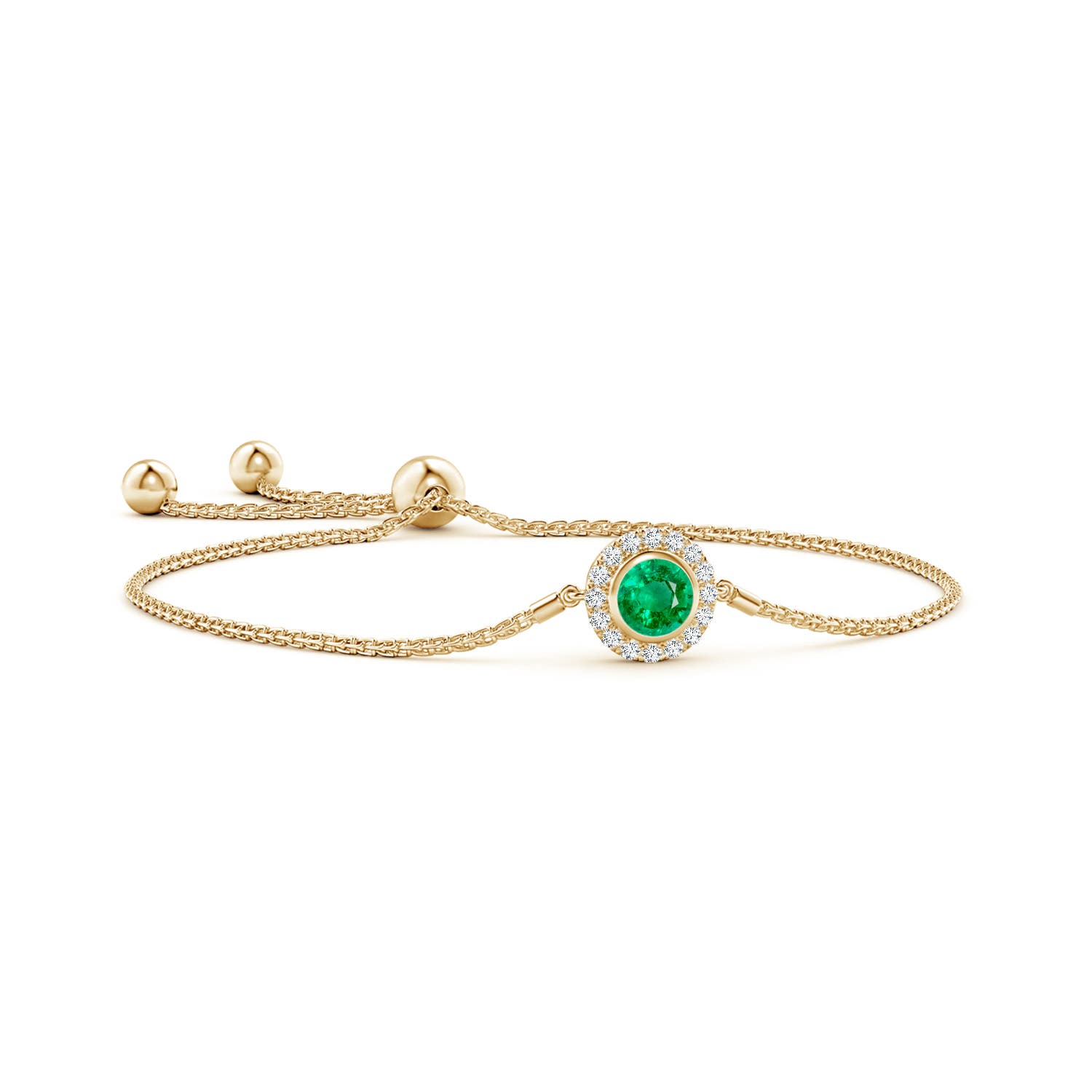 6mm AAA Bezel-Set Emerald Bolo Bracelet with Diamond Halo in Yellow Gold