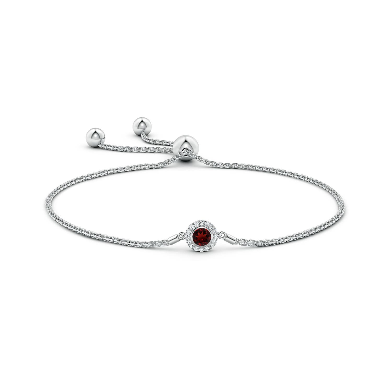 4mm AAA Bezel-Set Garnet Bolo Bracelet with Diamond Halo in White Gold - side 1