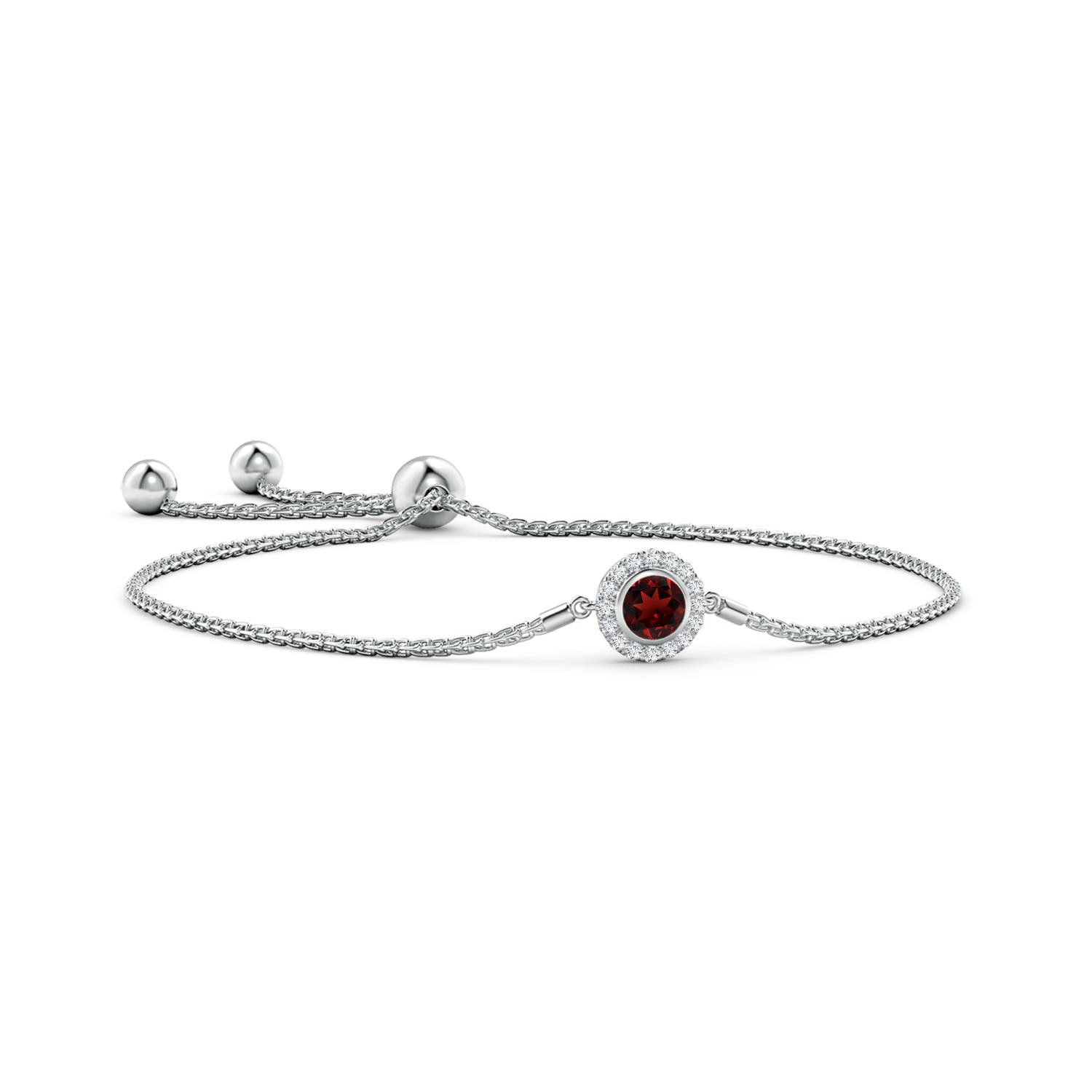 5mm AAA Bezel-Set Garnet Bolo Bracelet with Diamond Halo in White Gold