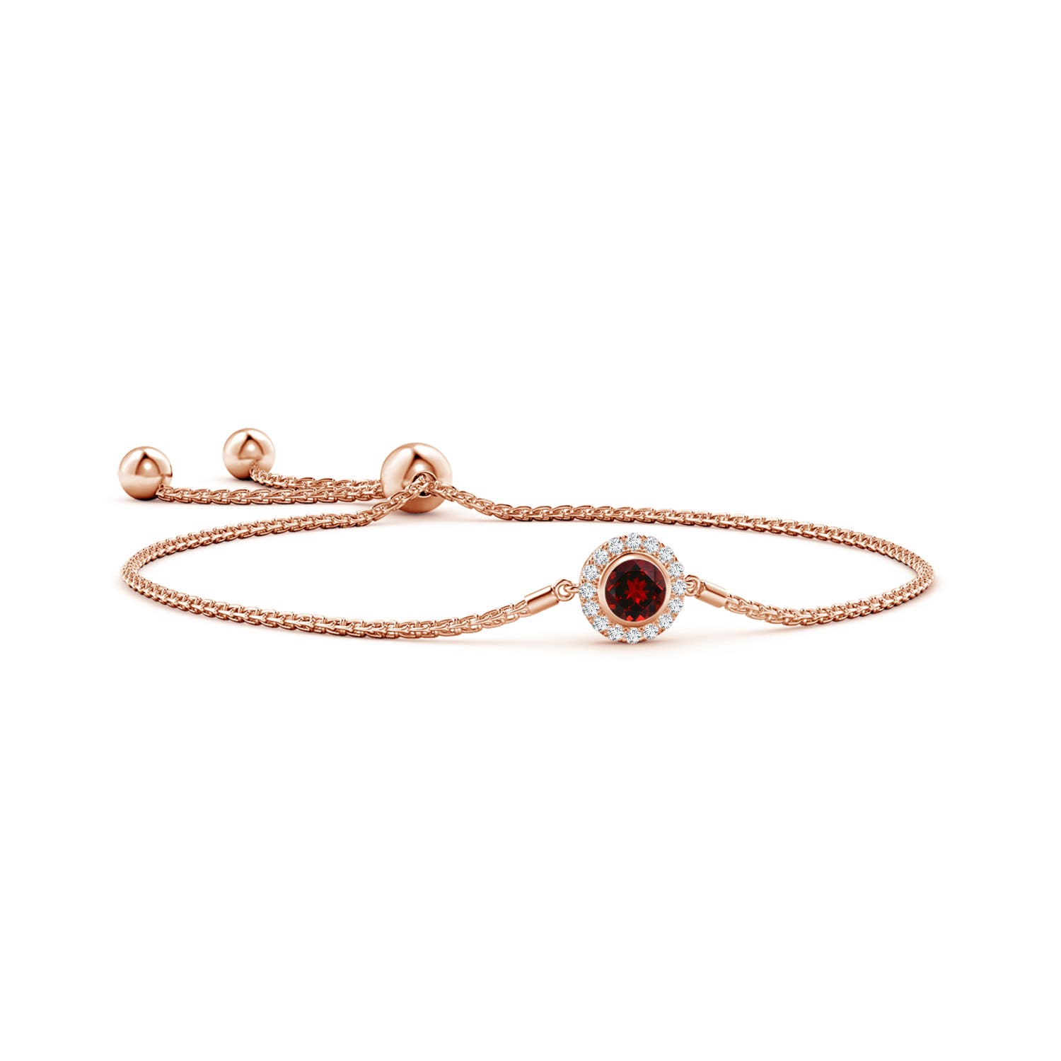5mm AAAA Bezel-Set Garnet Bolo Bracelet with Diamond Halo in Rose Gold