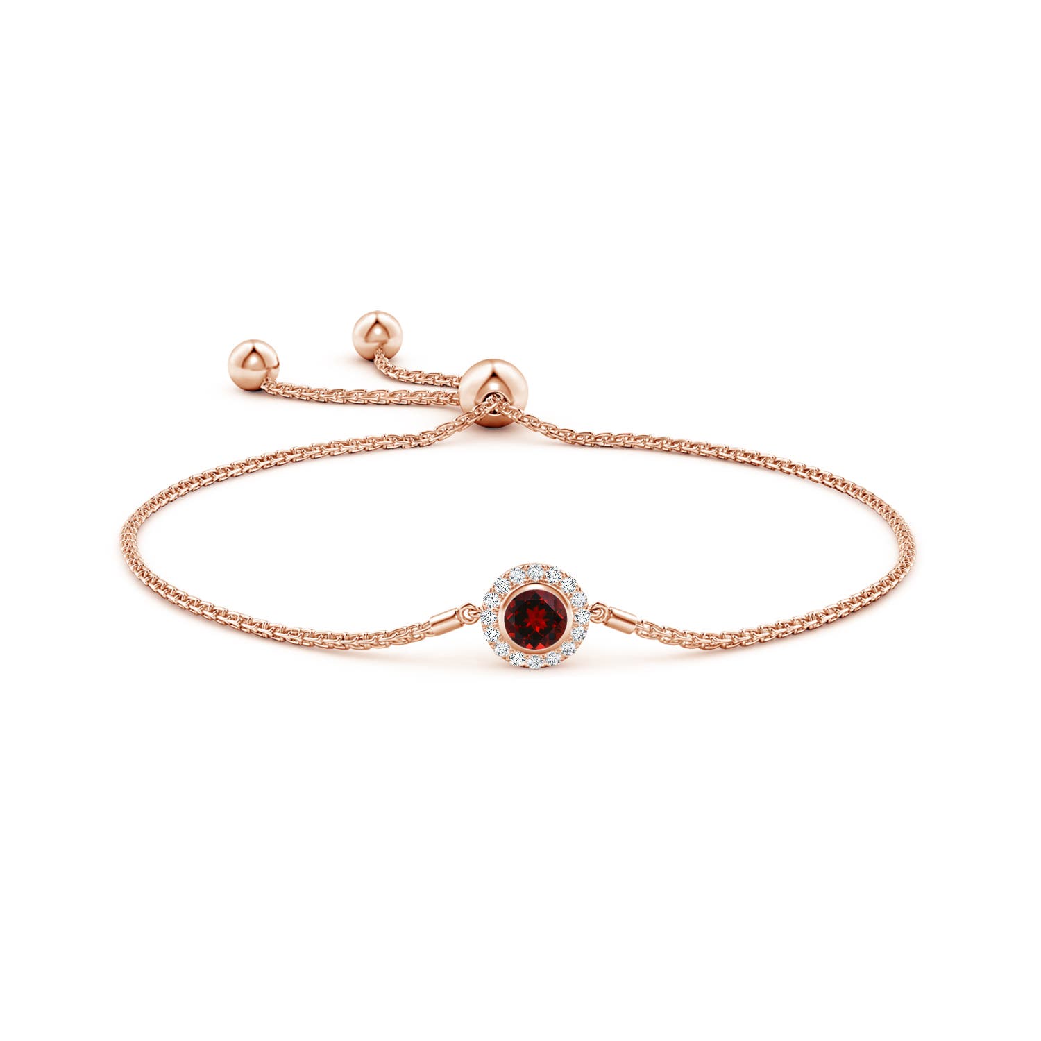 5mm AAAA Bezel-Set Garnet Bolo Bracelet with Diamond Halo in Rose Gold
