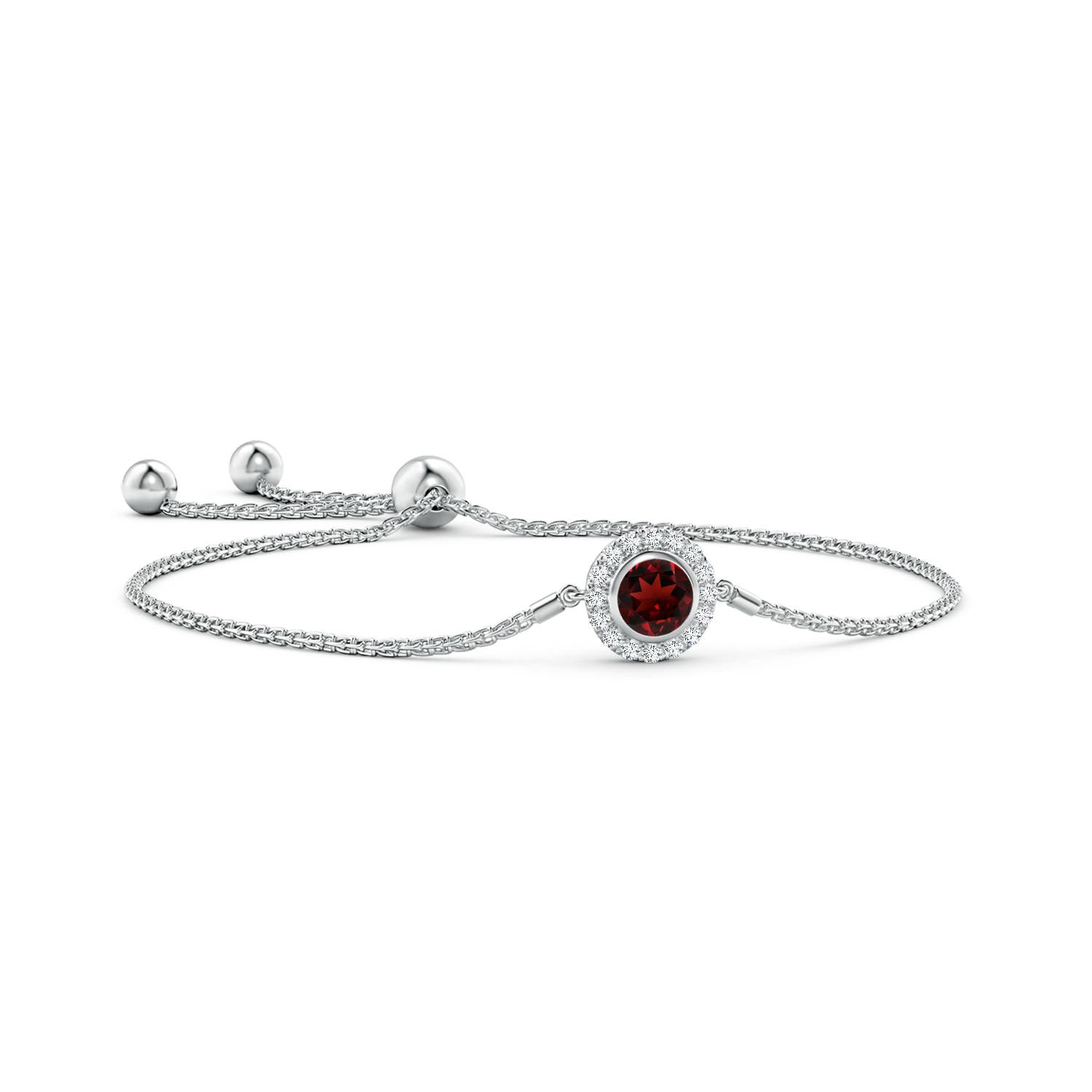 6mm AAA Bezel-Set Garnet Bolo Bracelet with Diamond Halo in White Gold