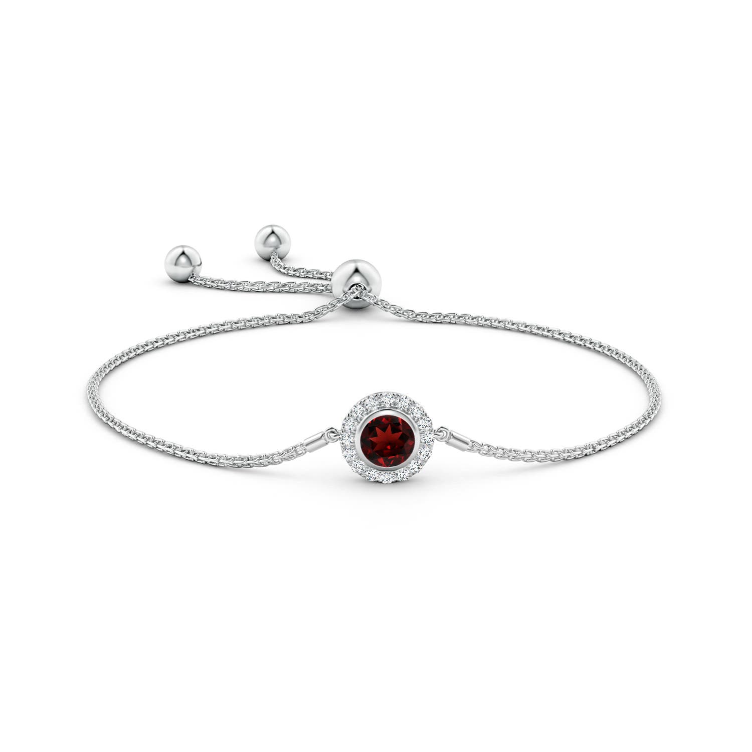 6mm AAA Bezel-Set Garnet Bolo Bracelet with Diamond Halo in White Gold