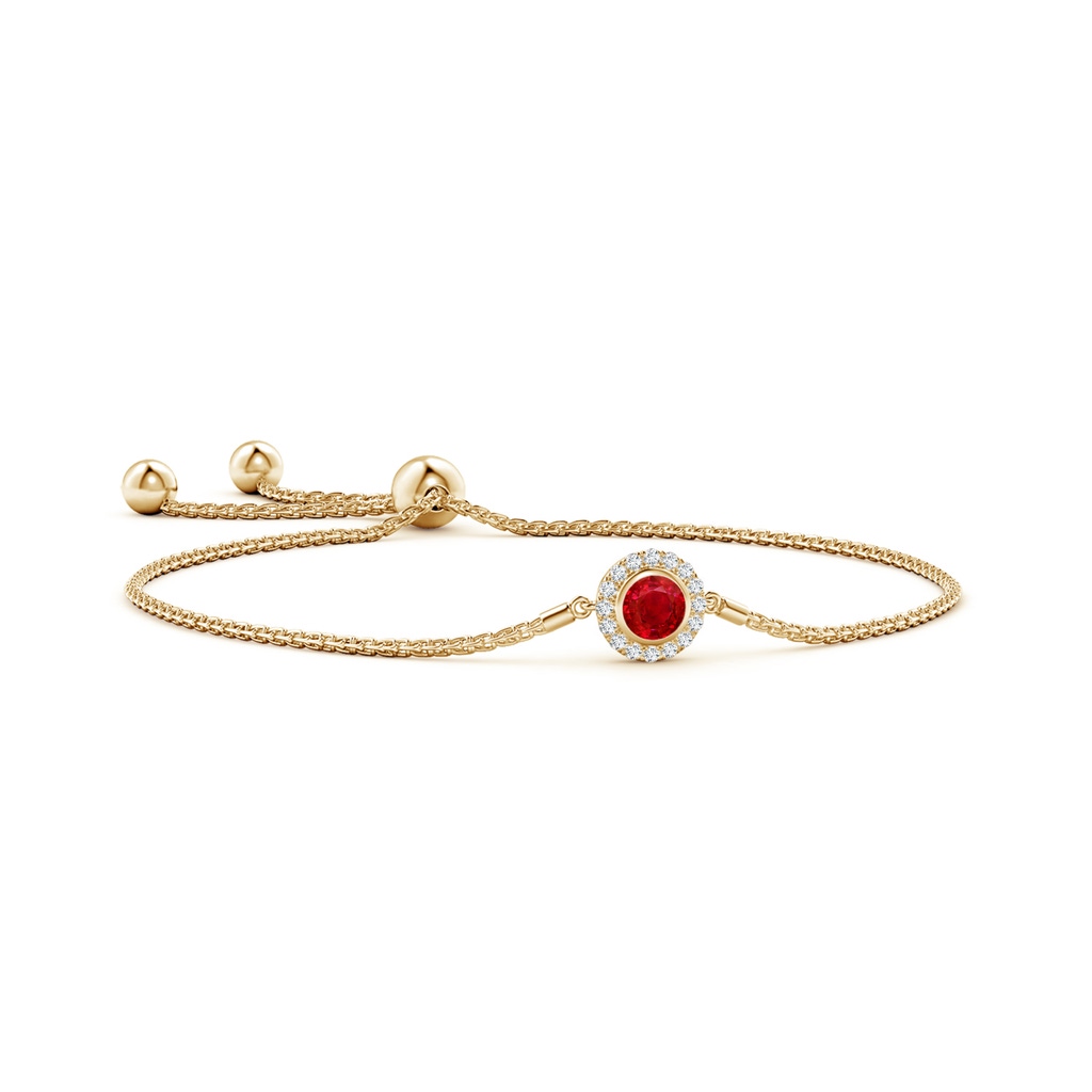 5mm AAA Bezel-Set Ruby Bolo Bracelet with Diamond Halo in Yellow Gold