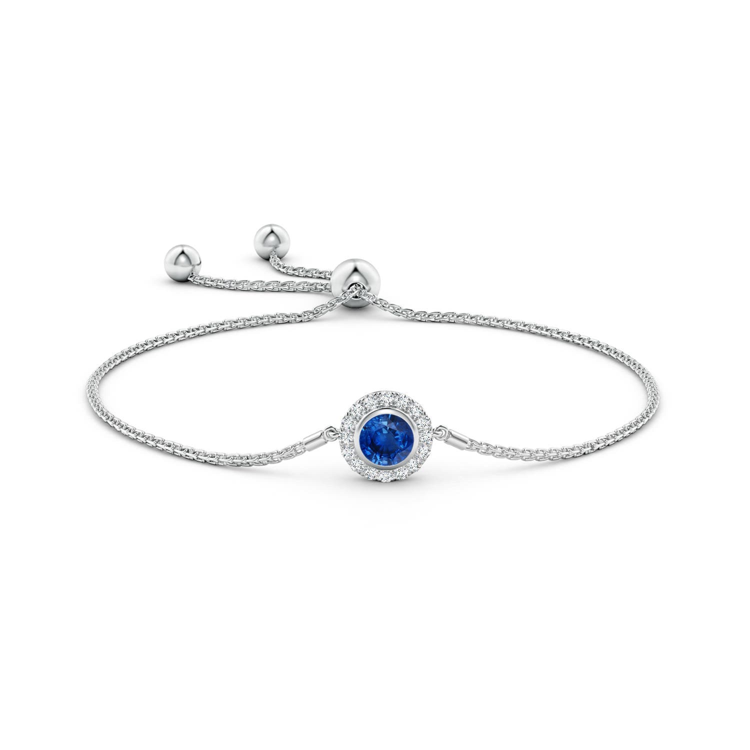 6mm AAA Bezel-Set Sapphire Bolo Bracelet with Diamond Halo in White Gold