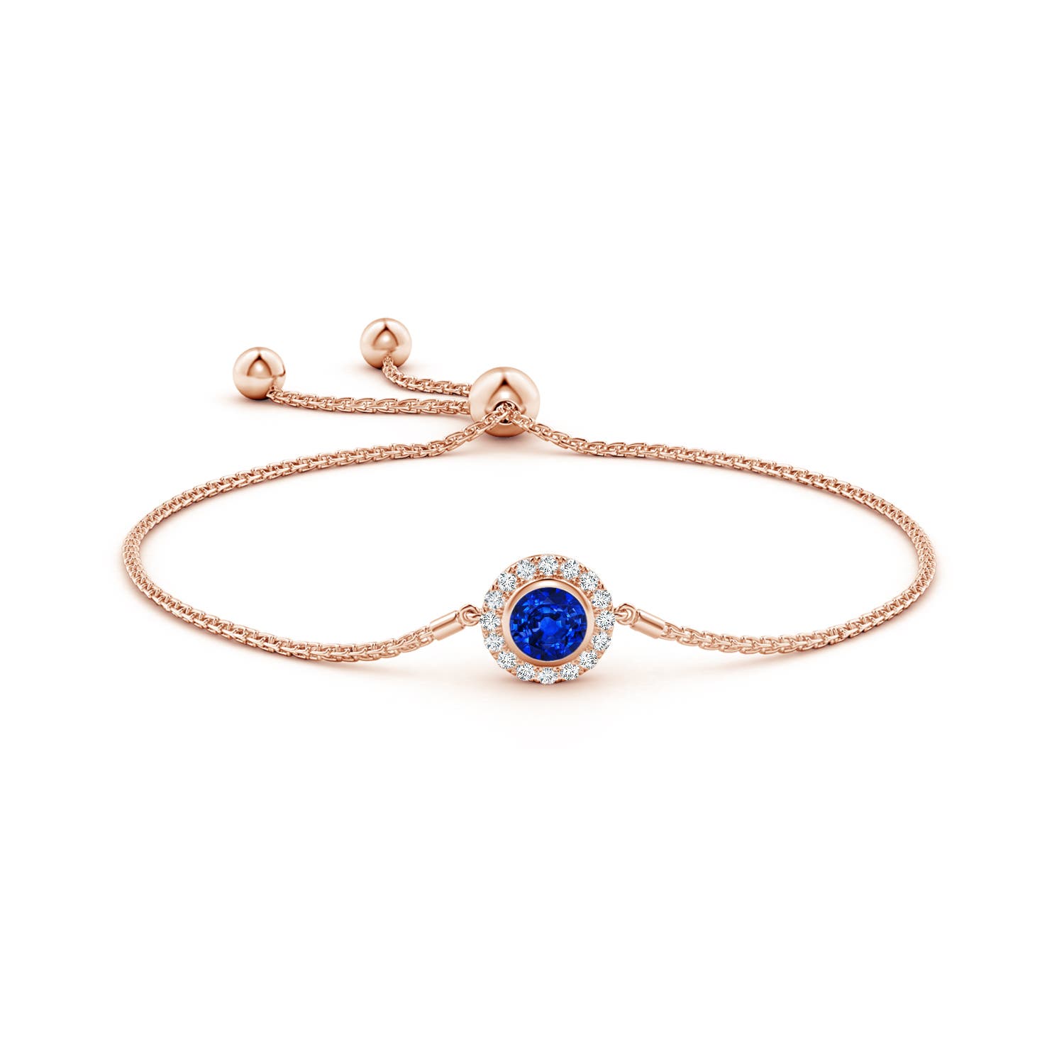 6mm AAAA Bezel-Set Sapphire Bolo Bracelet with Diamond Halo in Rose Gold