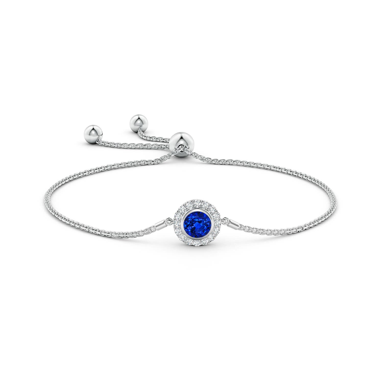 6mm AAAA Bezel-Set Sapphire Bolo Bracelet with Diamond Halo in White Gold