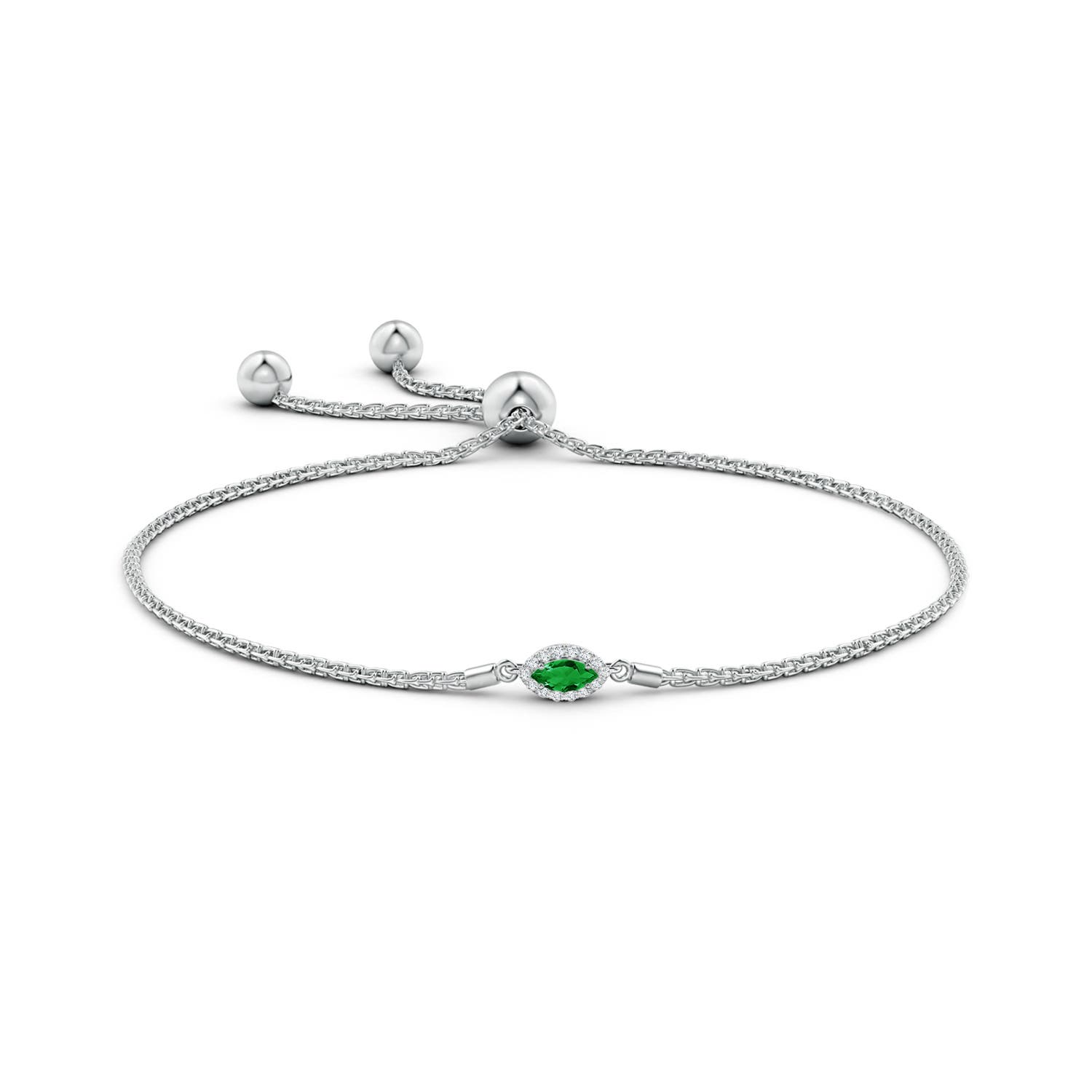5x2.5mm AAA East-West Marquise Emerald Bolo Bracelet with Halo in White Gold - side 1