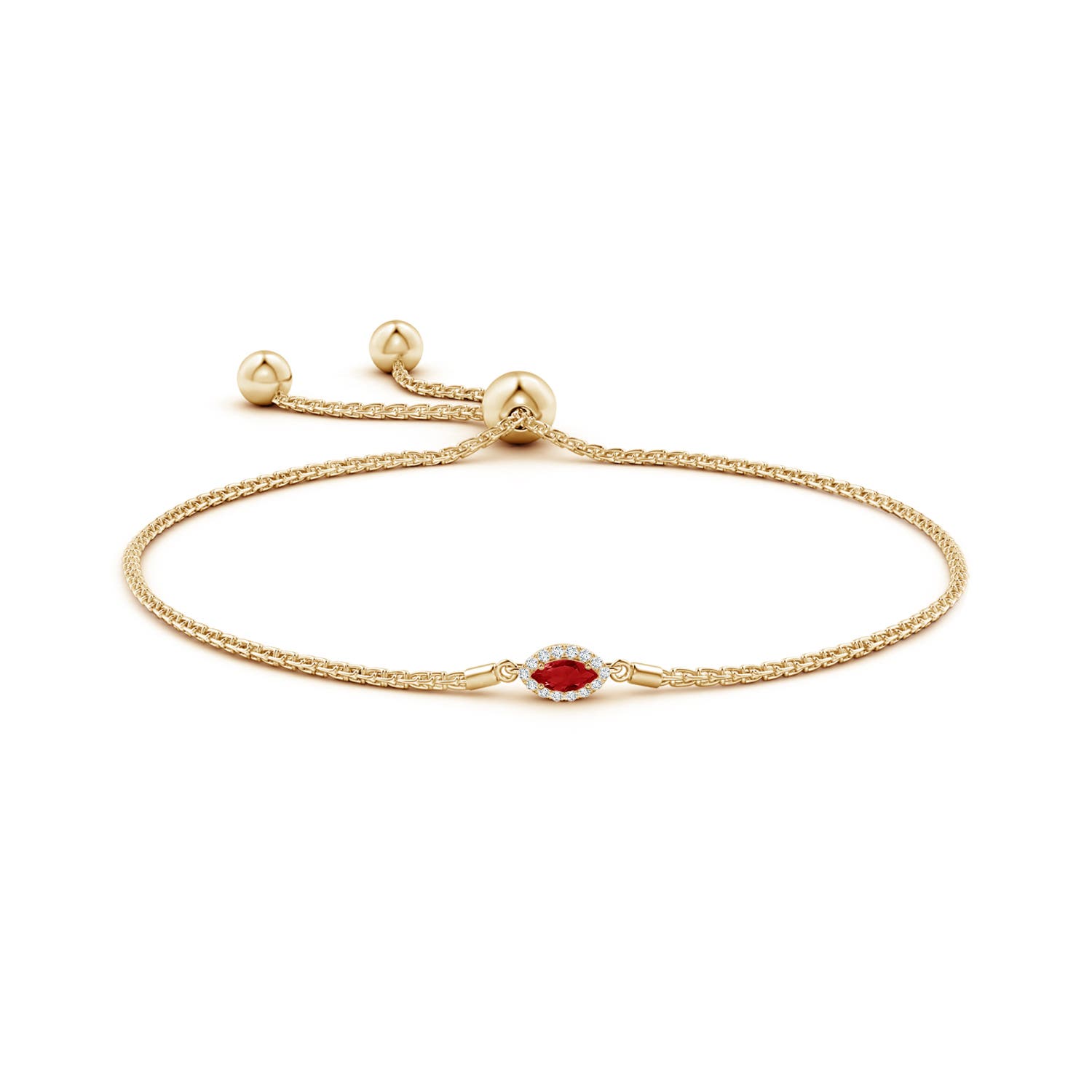 5x2.5mm AAA East-West Marquise Ruby Bolo Bracelet with Halo in Yellow Gold