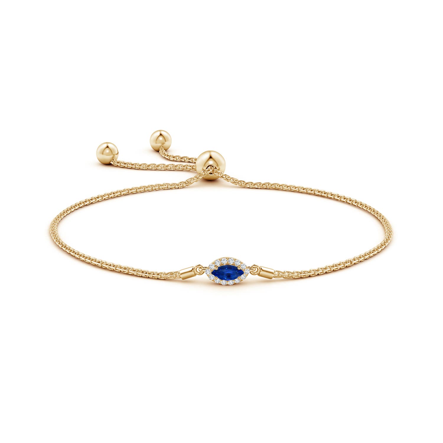 6x3mm AAAA East-West Marquise Sapphire Bolo Bracelet with Halo in Yellow Gold - side 1