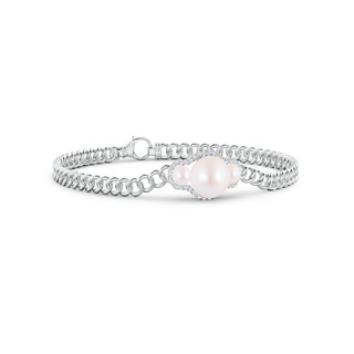 8mm AA Three Stone Japanese Akoya Pearl Bracelet with Diamond Halo in White Gold