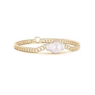8mm AA Three Stone Japanese Akoya Pearl Bracelet with Diamond Halo in Yellow Gold