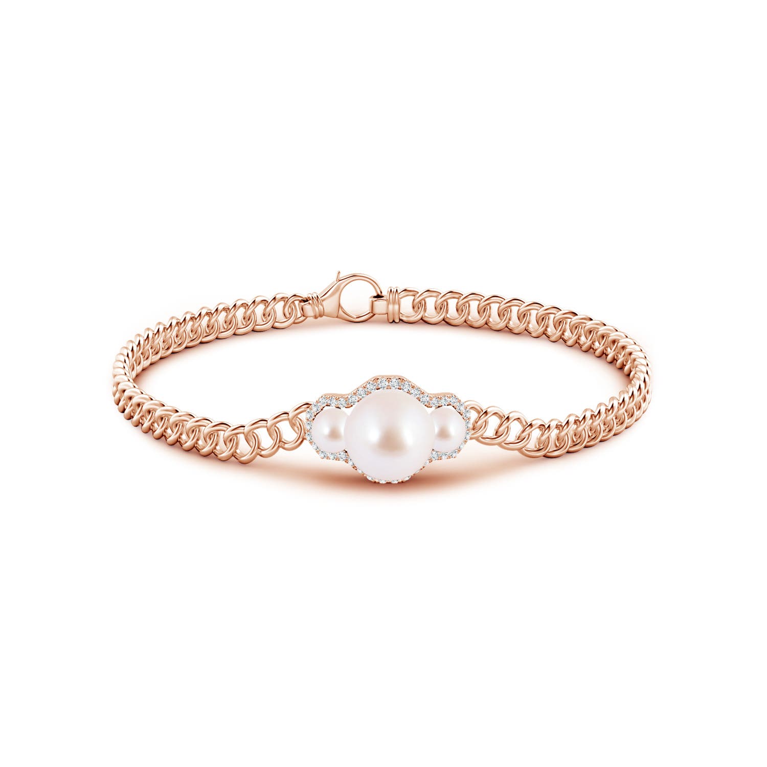 8mm AAA Three Stone Japanese Akoya Pearl Bracelet with Diamond Halo in Rose Gold