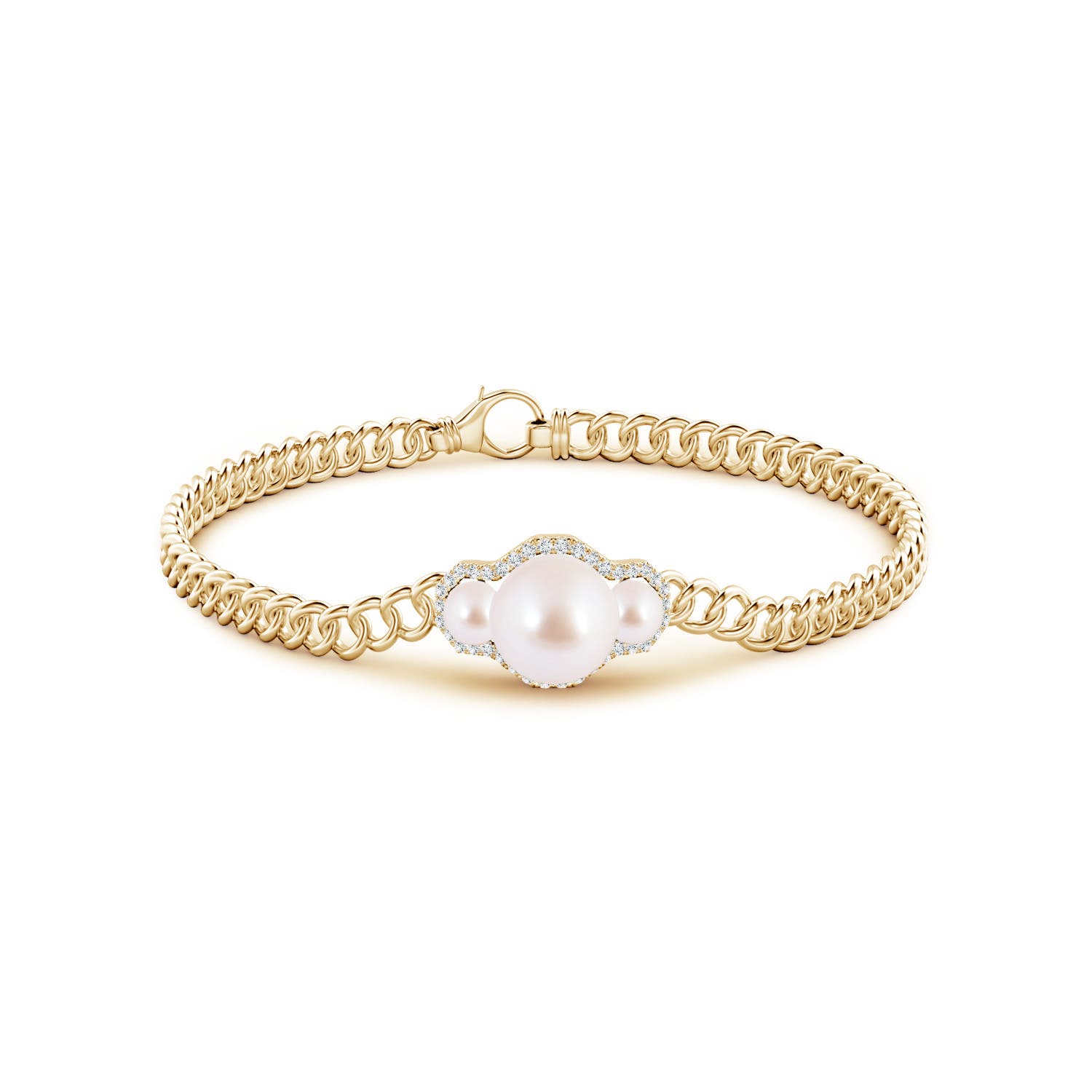 8mm AAA Three Stone Japanese Akoya Pearl Bracelet with Diamond Halo in Yellow Gold