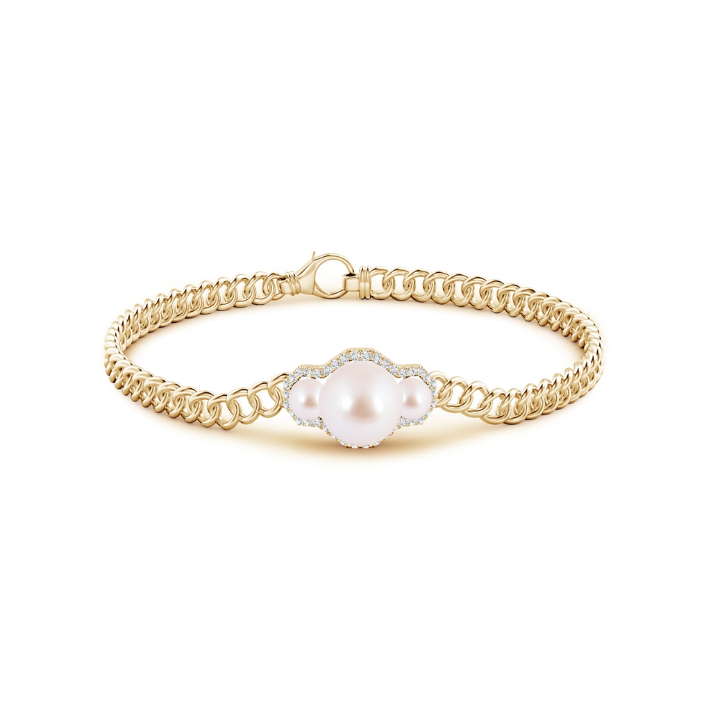 8mm AAA Three Stone Japanese Akoya Pearl Bracelet with Diamond Halo in Yellow Gold Side 1