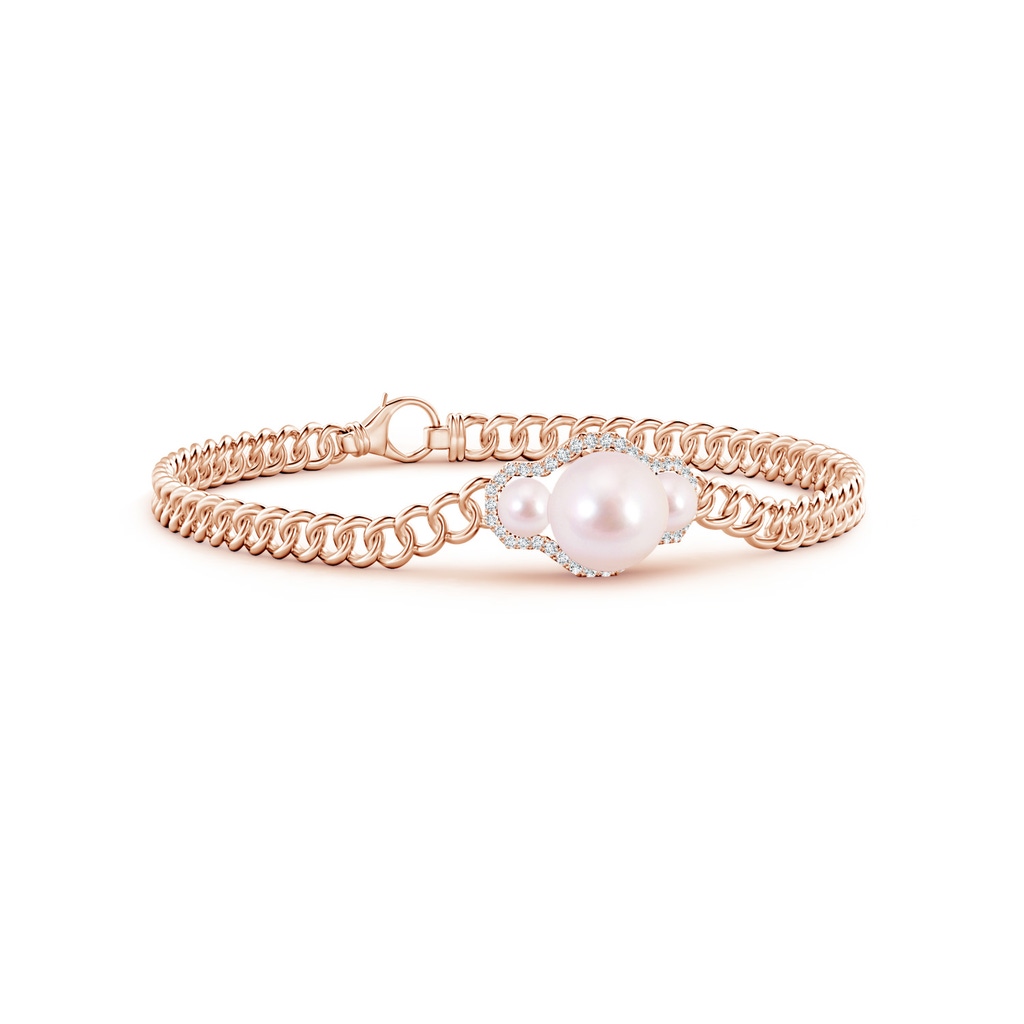 8mm AAAA Three Stone Japanese Akoya Pearl Bracelet with Diamond Halo in Rose Gold