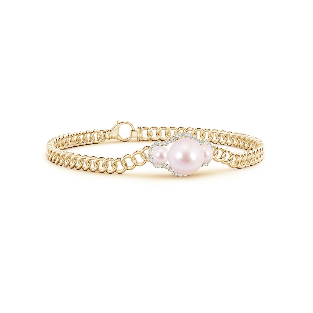 8mm AAAA Three Stone Japanese Akoya Pearl Bracelet with Diamond Halo in Yellow Gold