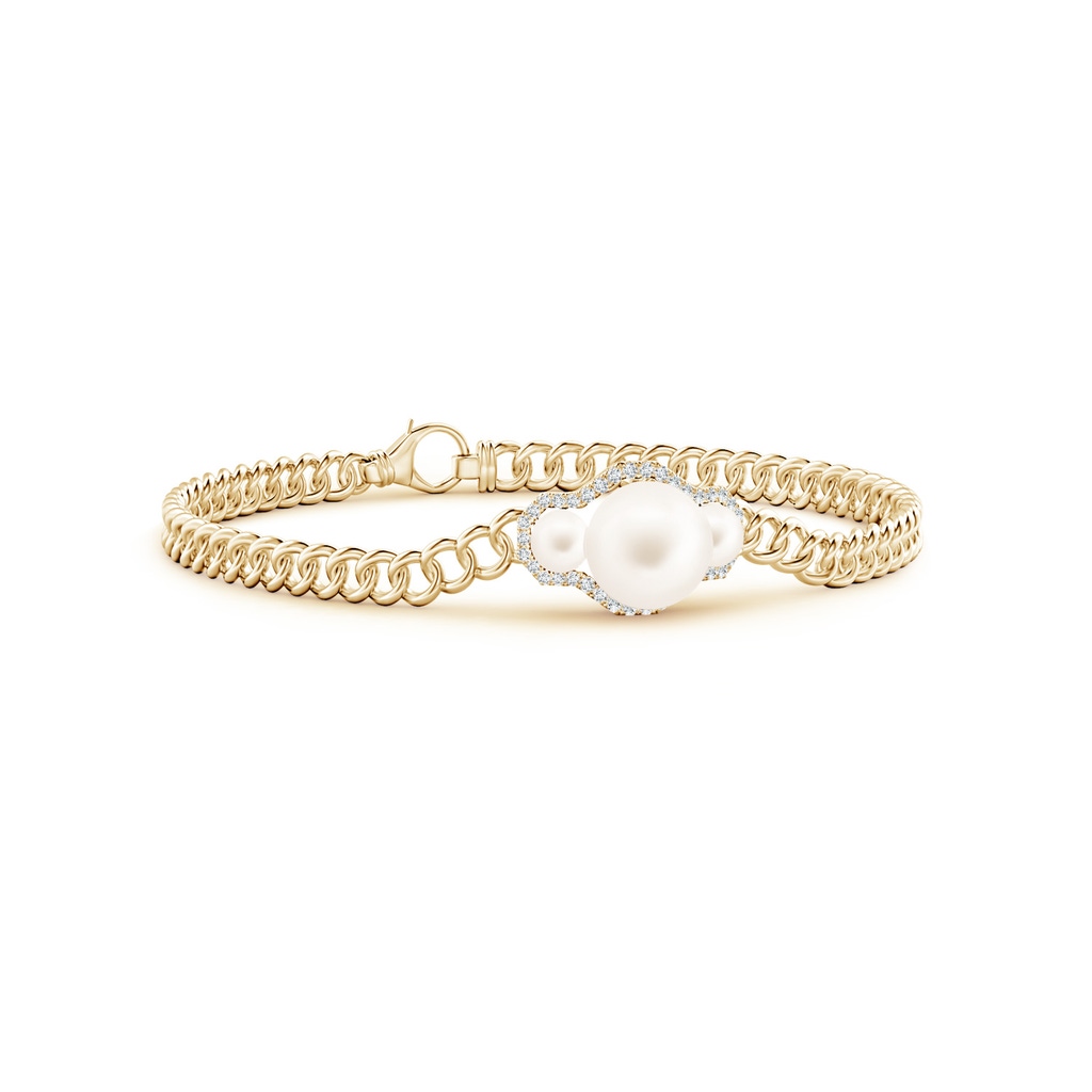 8mm AA Three Stone Freshwater Pearl Bracelet with Diamond Halo in Yellow Gold