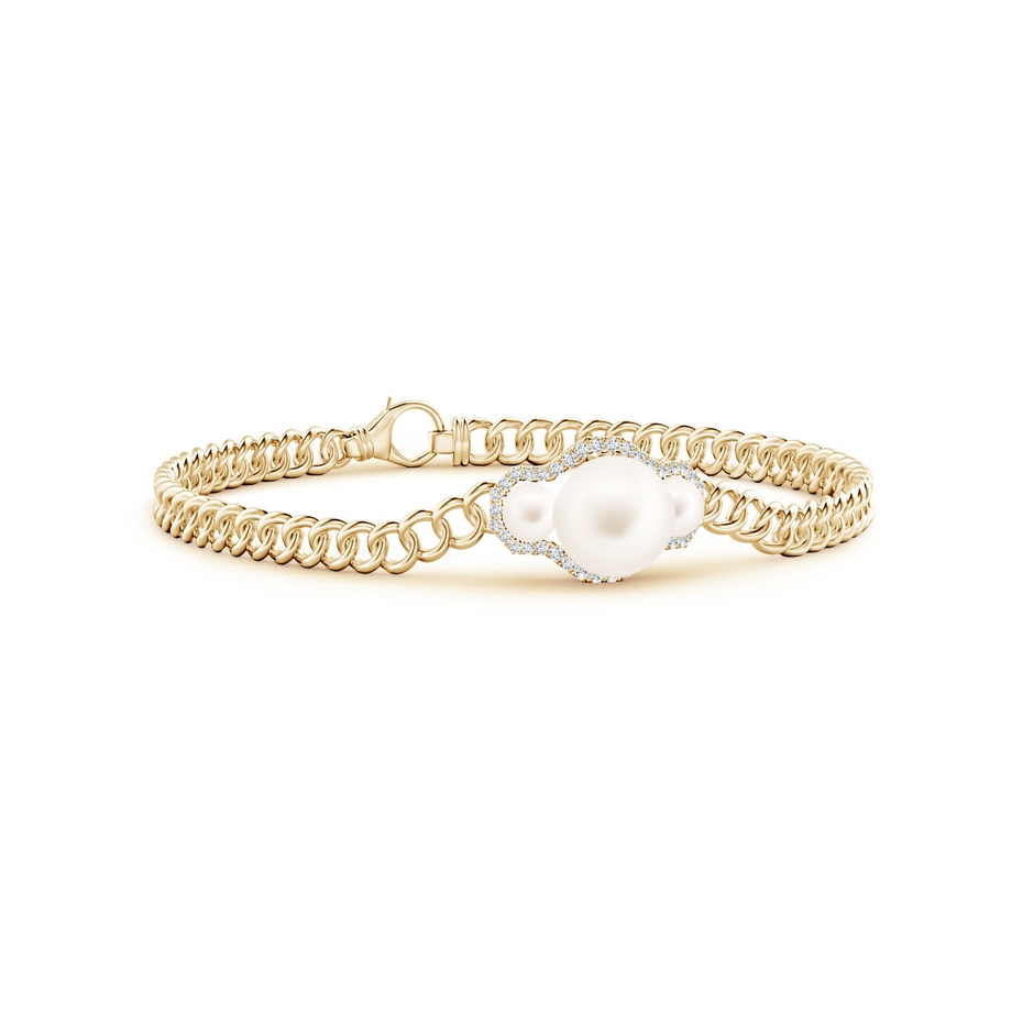 8mm AA Three Stone Freshwater Pearl Bracelet with Diamond Halo in Yellow Gold 