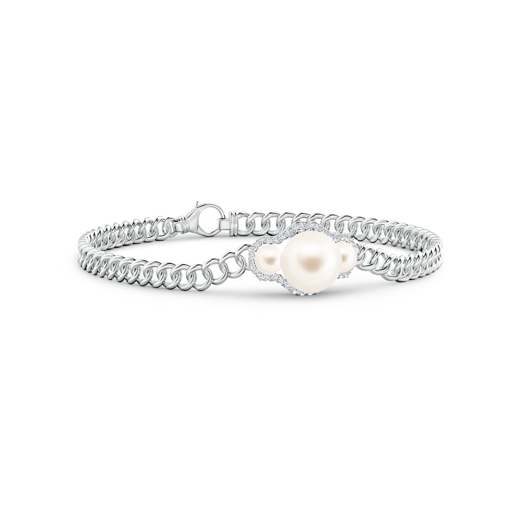 8mm AAA Three Stone Freshwater Pearl Bracelet with Diamond Halo in White Gold