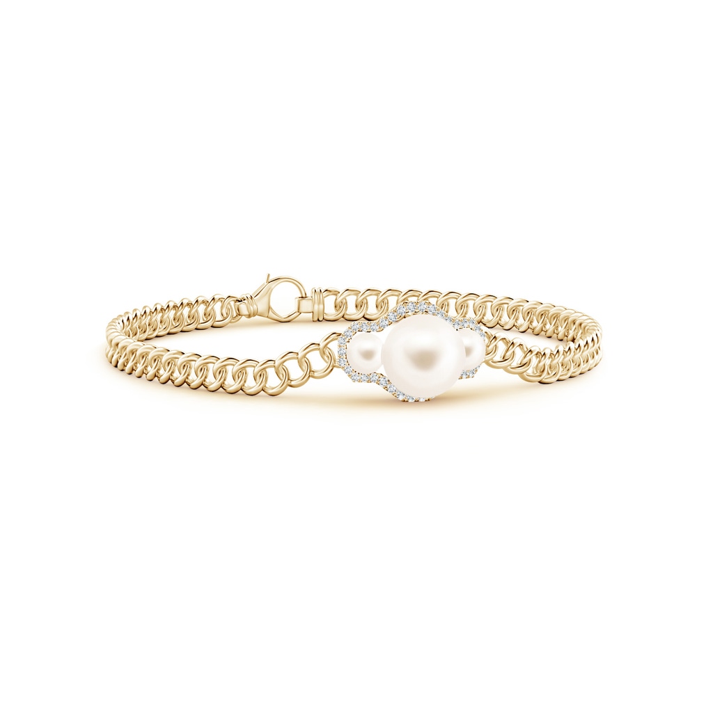 8mm AAA Three Stone Freshwater Pearl Bracelet with Diamond Halo in Yellow Gold