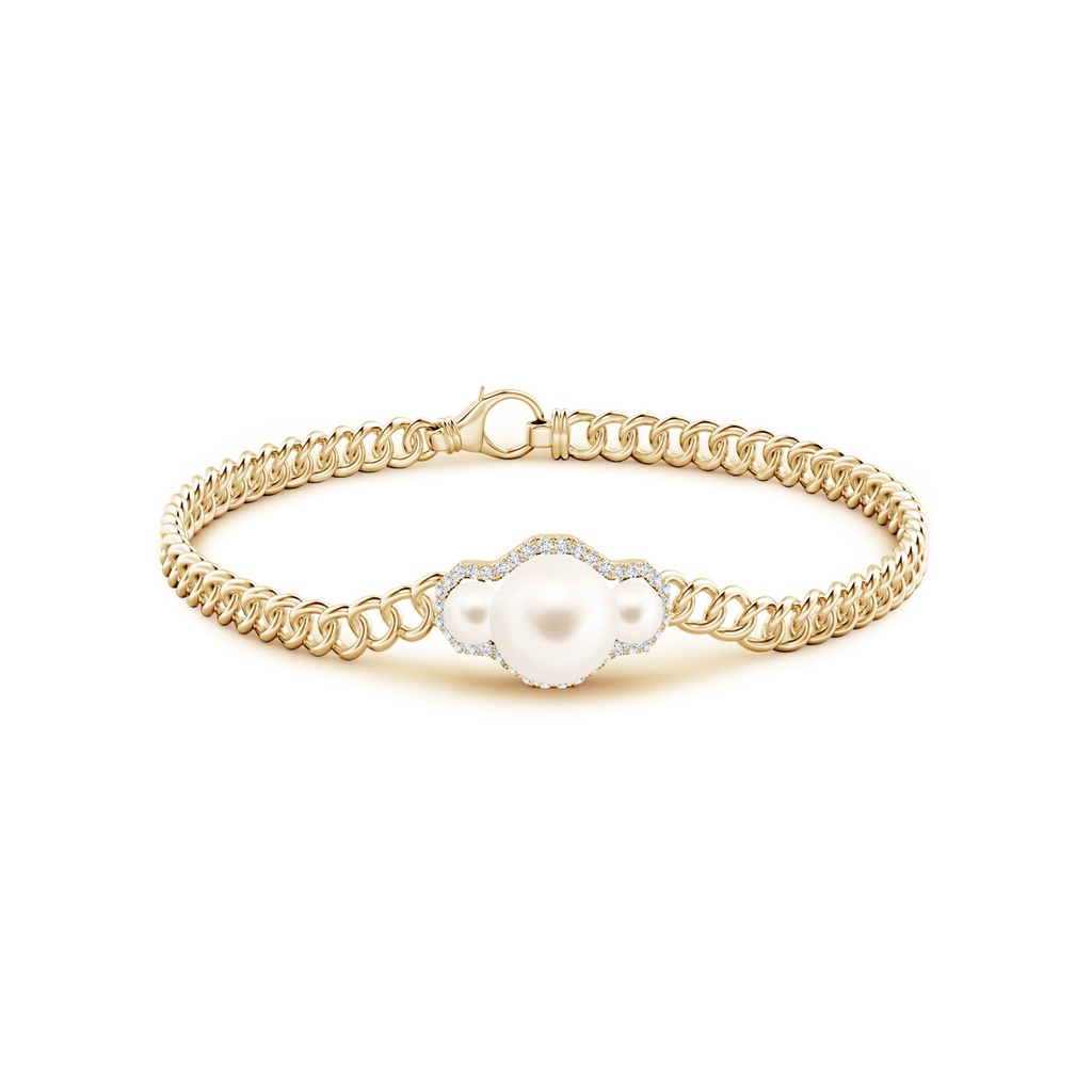 8mm AAA Three Stone Freshwater Pearl Bracelet with Diamond Halo in Yellow Gold Side 1