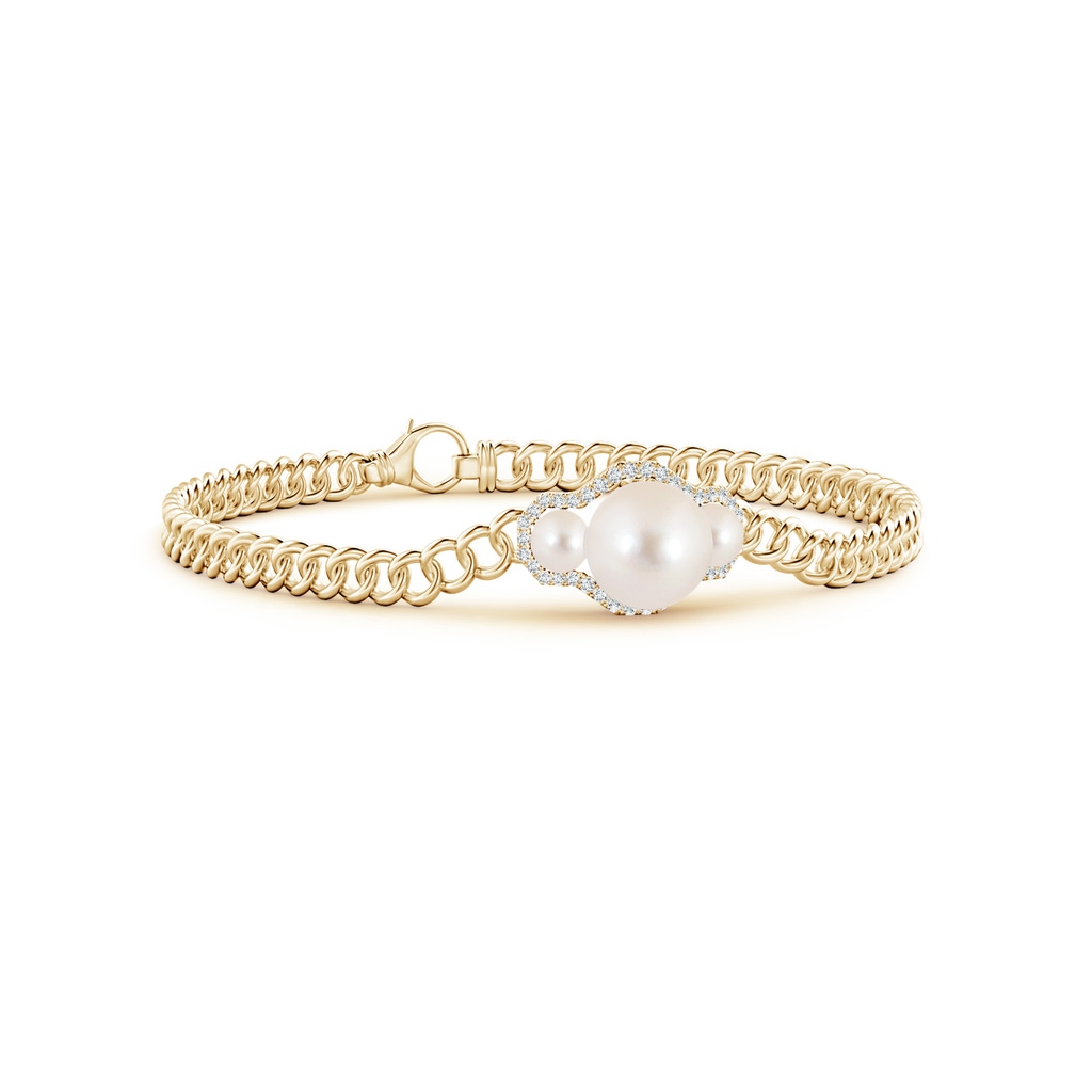 8mm AAAA Three Stone Freshwater Pearl Bracelet with Diamond Halo in Yellow Gold