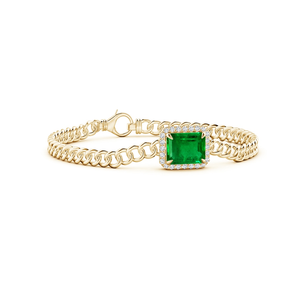 10x8mm AAAA Emerald-Cut Emerald Bracelet with Diamond Halo in 10K Yellow Gold
