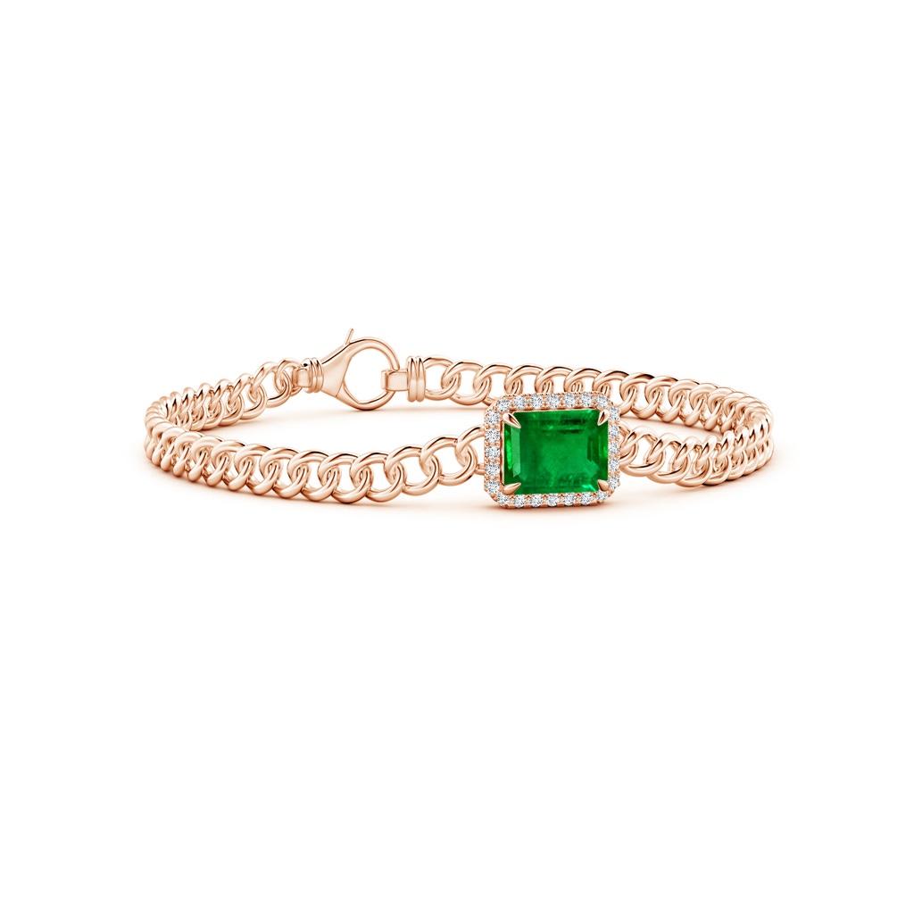 9x7mm AAAA Emerald-Cut Emerald Bracelet with Diamond Halo in 10K Rose Gold