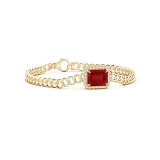 10x8mm AA Emerald-Cut Ruby Bracelet with Diamond Halo in Yellow Gold