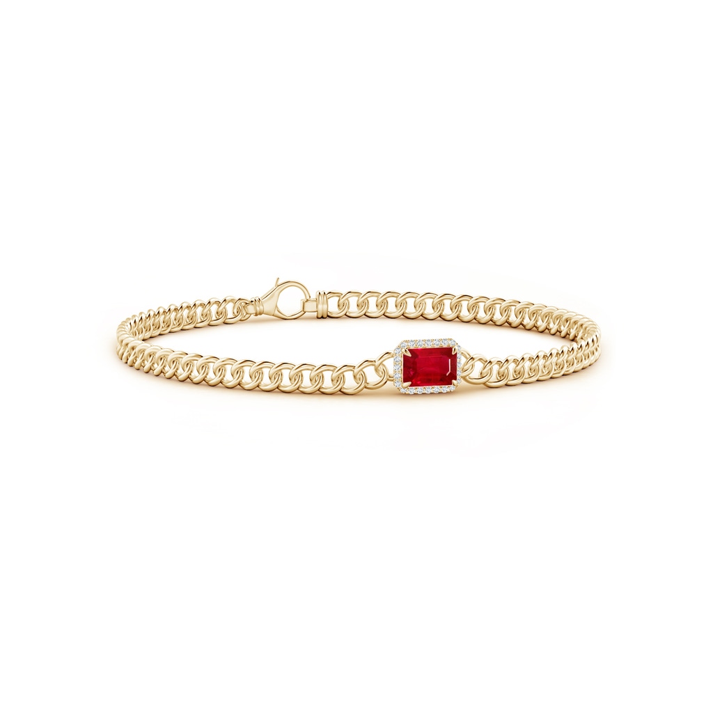 6x4mm AAA Emerald-Cut Ruby Bracelet with Diamond Halo in Yellow Gold