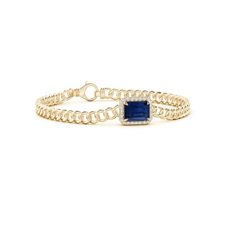 9x7mm AAA Emerald-Cut Sapphire Bracelet with Diamond Halo in Yellow Gold