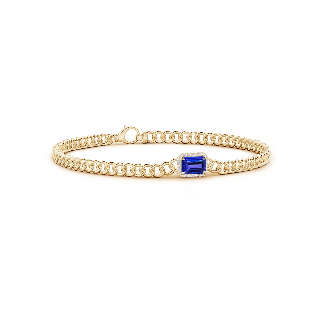 6x4mm AAAA Emerald-Cut Tanzanite Bracelet with Diamond Halo in Yellow Gold