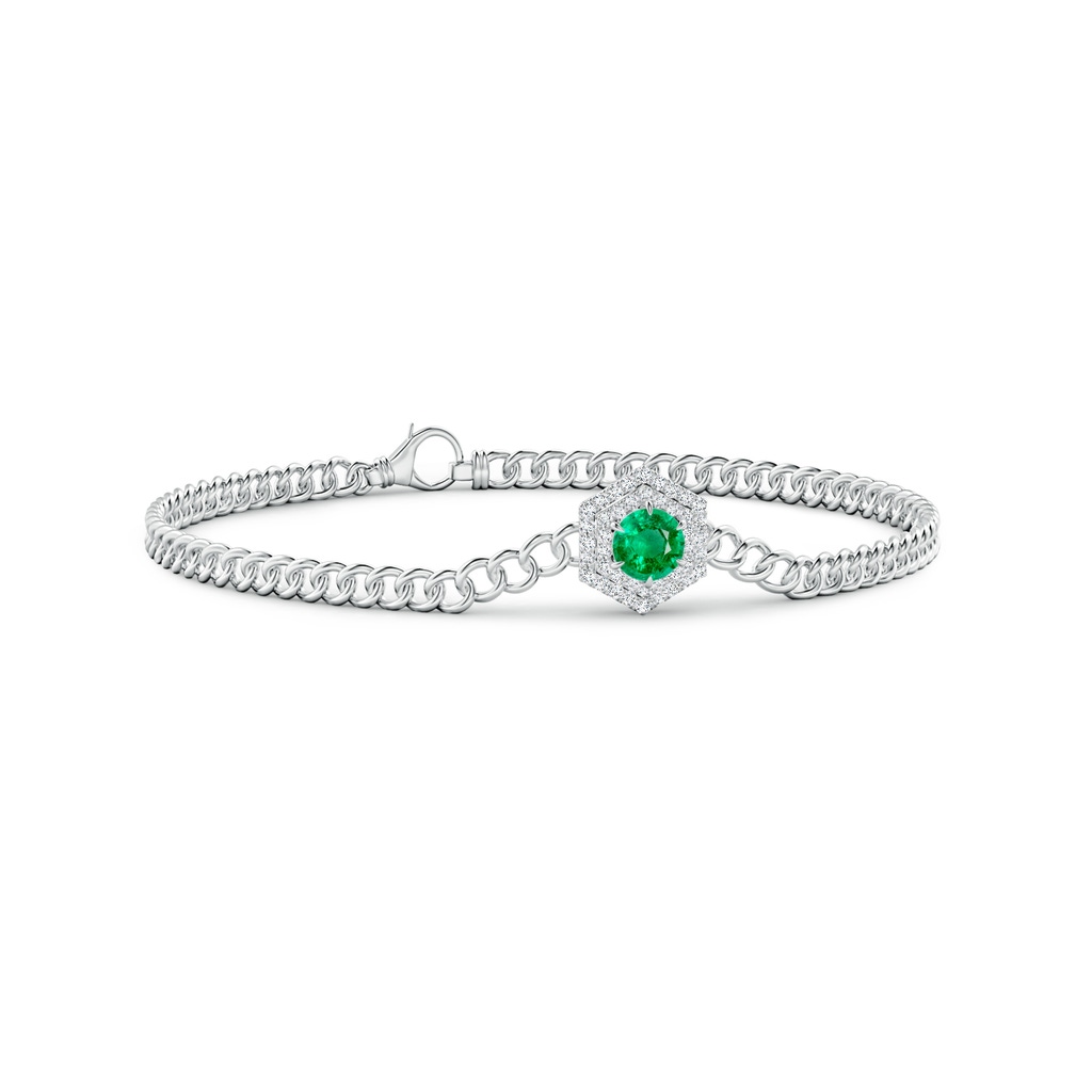 5mm AAA Round Emerald Bracelet with Hexagonal Double Halo in White Gold 