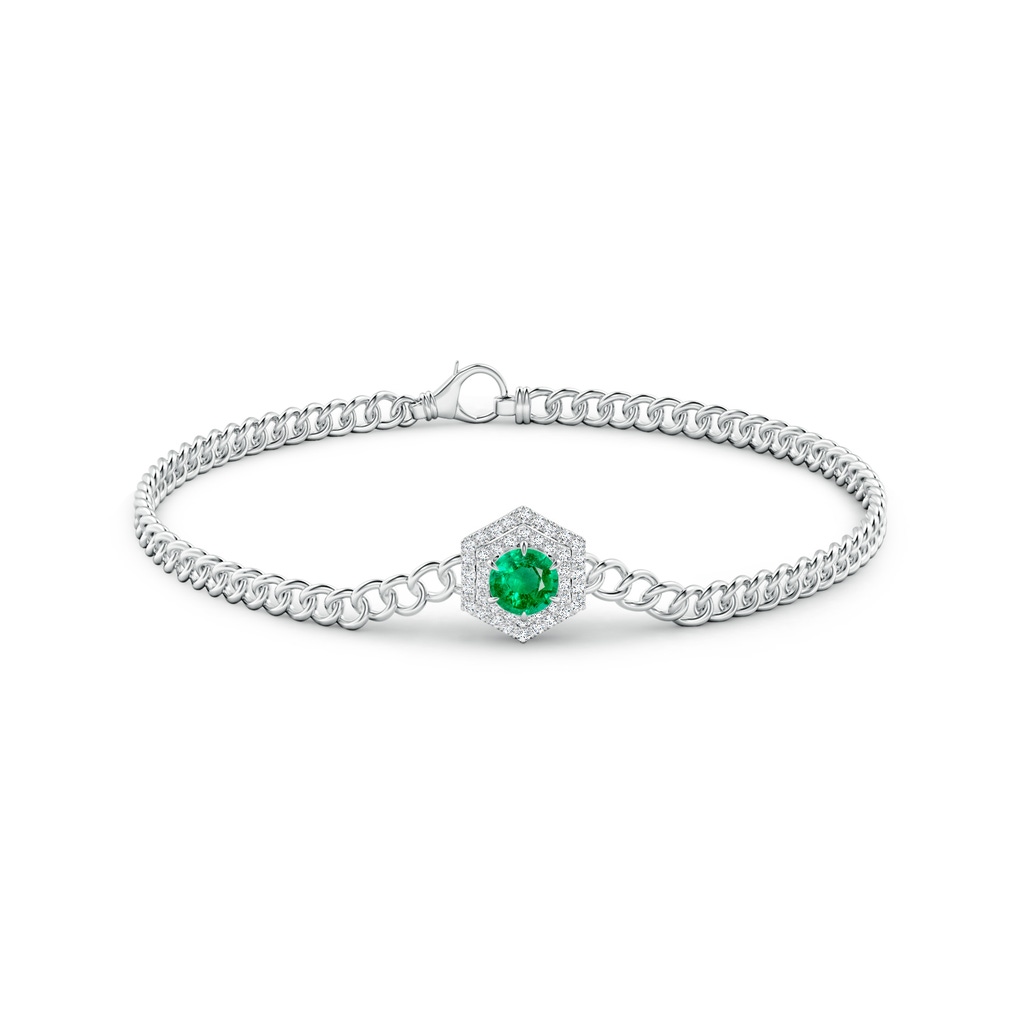 5mm AAA Round Emerald Bracelet with Hexagonal Double Halo in White Gold Side 1