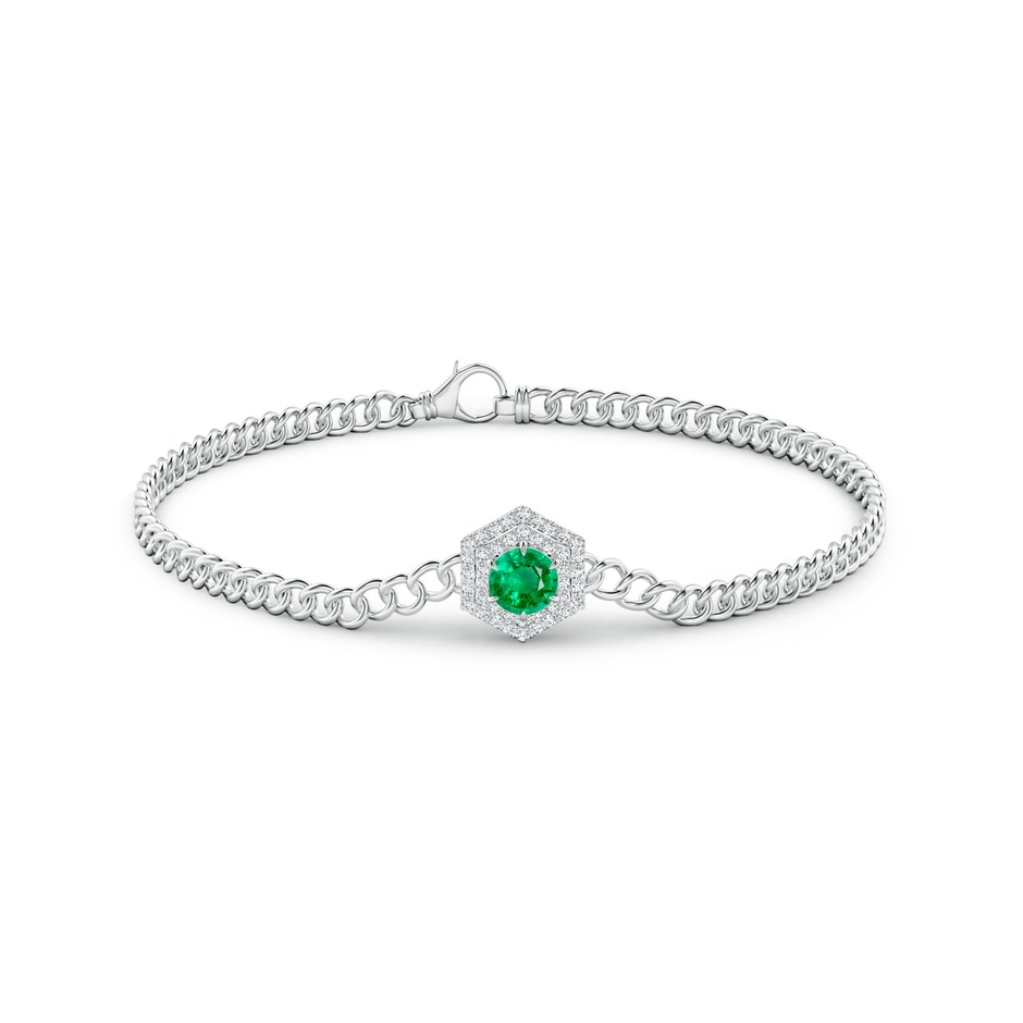 5mm AAA Round Emerald Bracelet with Hexagonal Double Halo in White Gold side 1