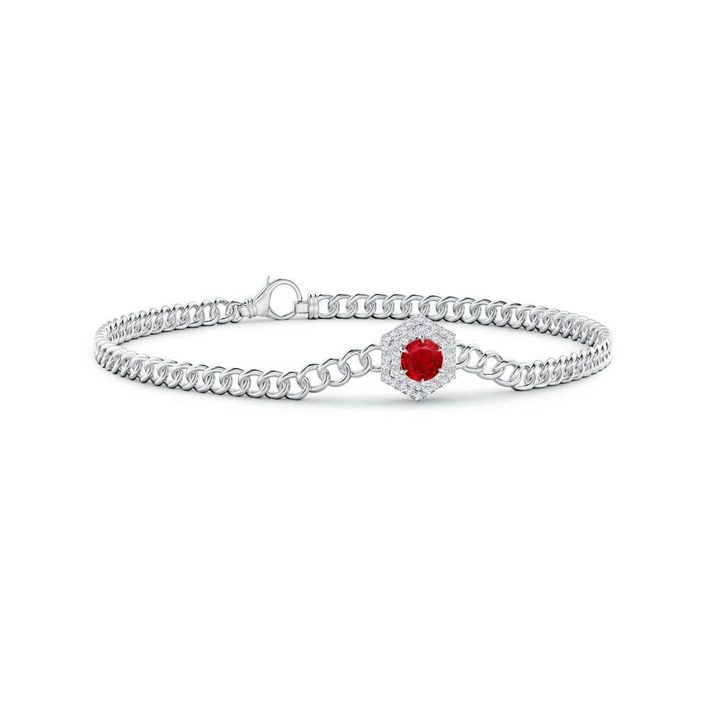 4.5mm AAA Round Ruby Bracelet with Hexagonal Double Halo in White Gold