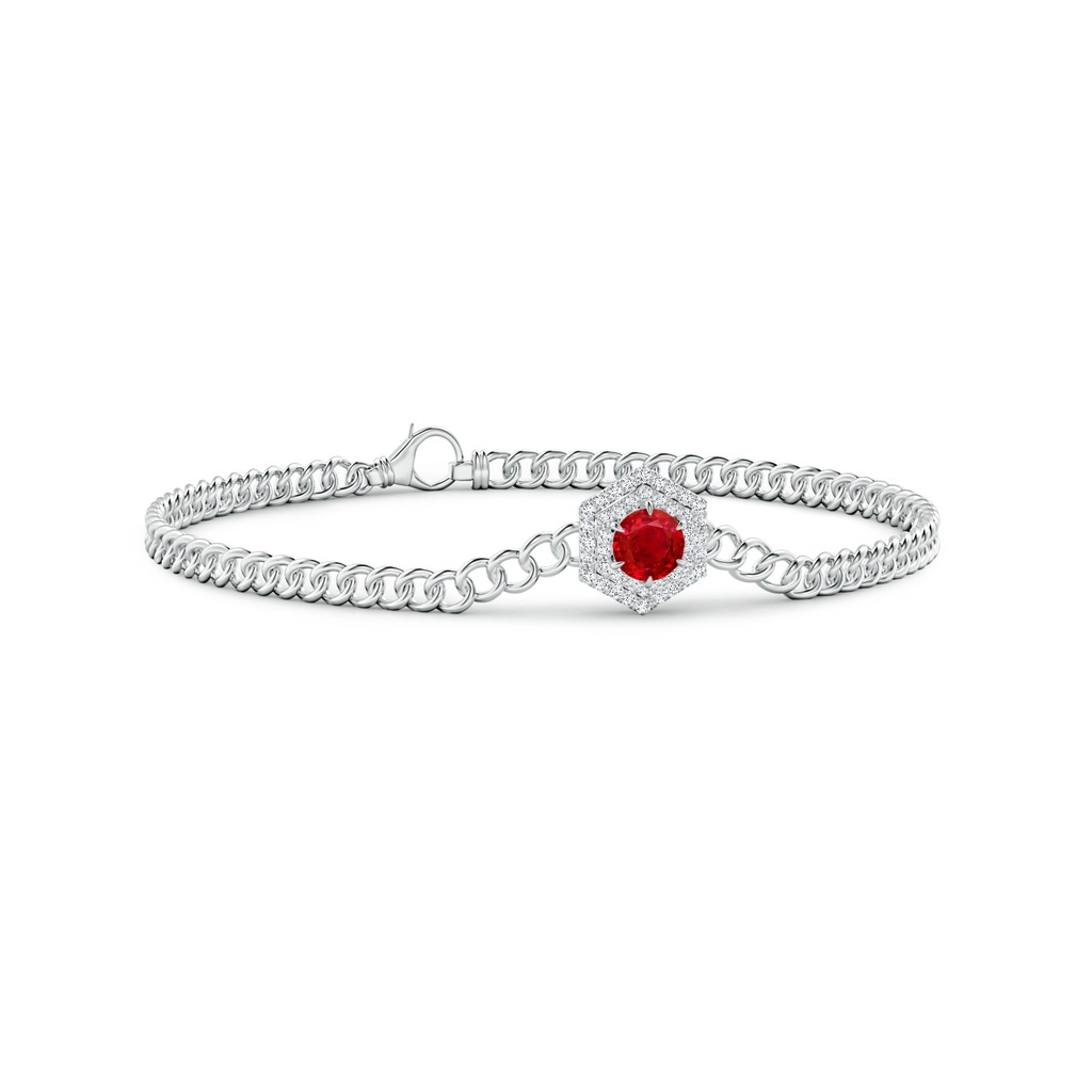 5mm AAA Round Ruby Bracelet with Hexagonal Double Halo in White Gold