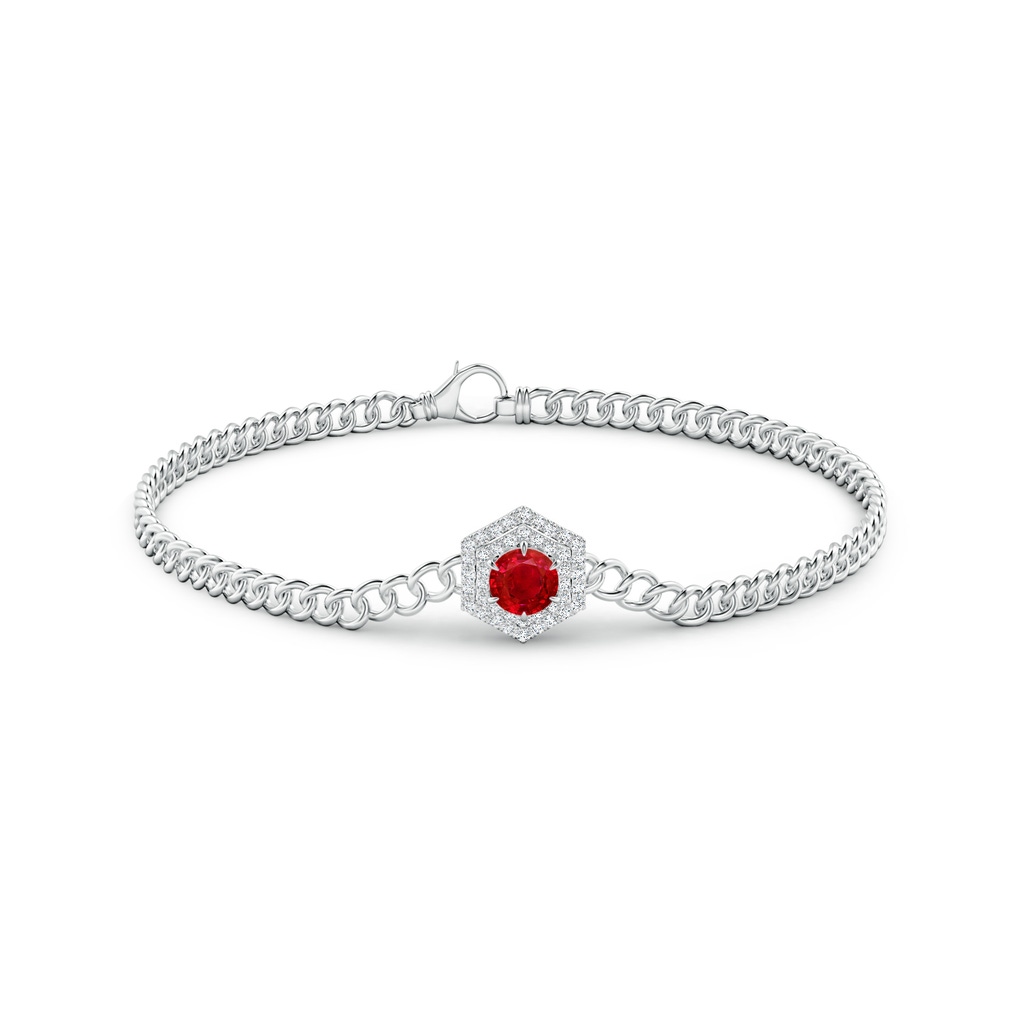 5mm AAA Round Ruby Bracelet with Hexagonal Double Halo in White Gold Side 1