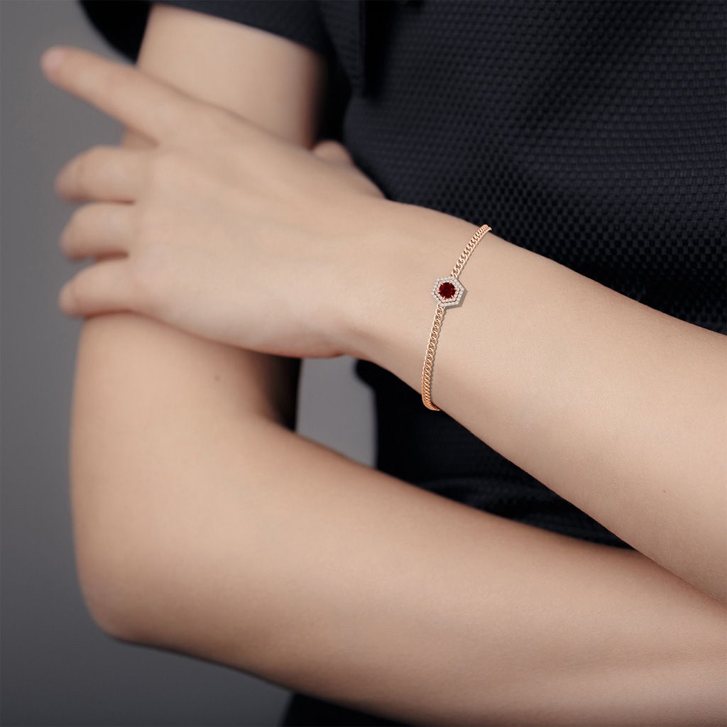 5mm AAAA Round Ruby Bracelet with Hexagonal Double Halo in Rose Gold Body-Hand
