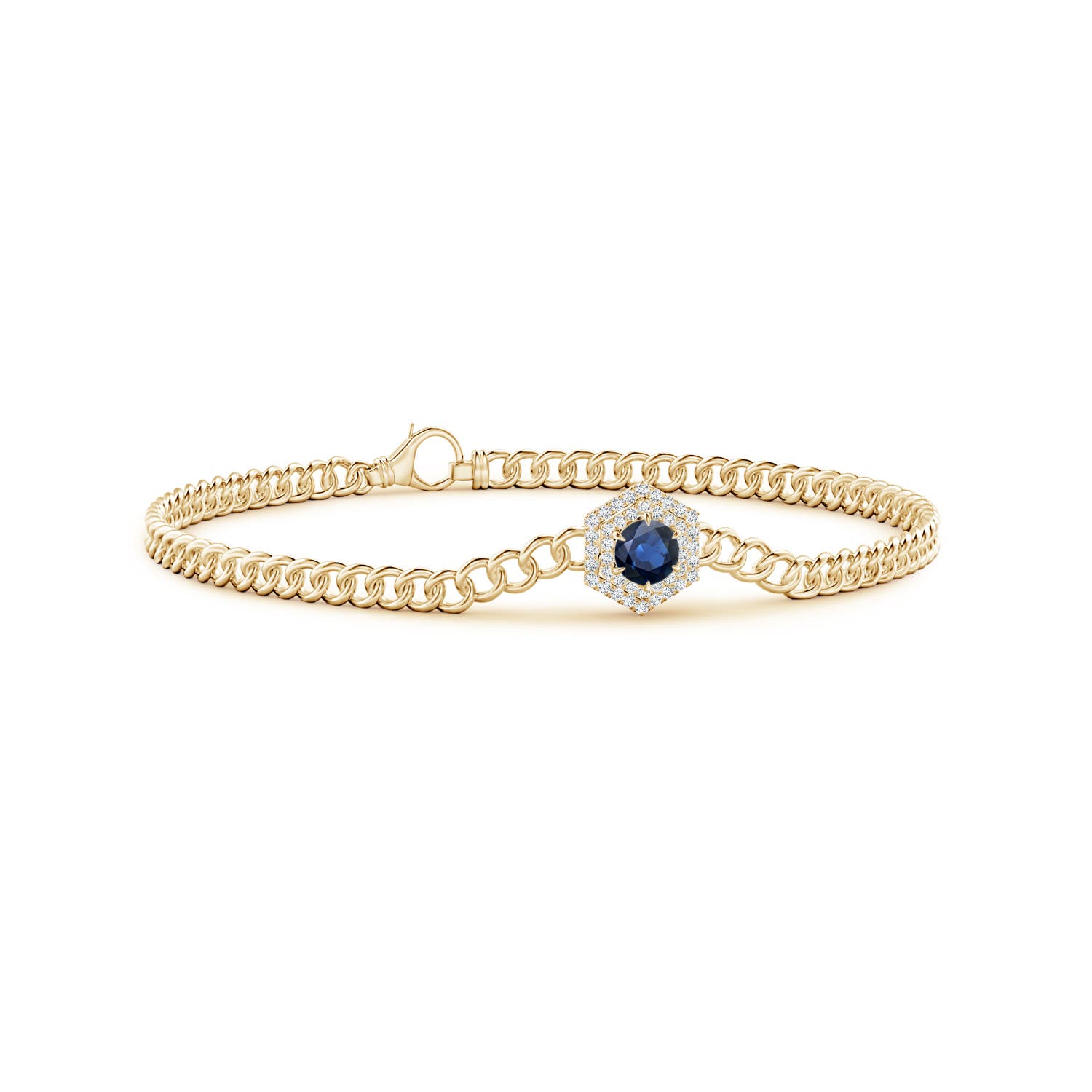 4.5mm AA Round Sapphire Bracelet with Hexagonal Double Halo in Yellow Gold