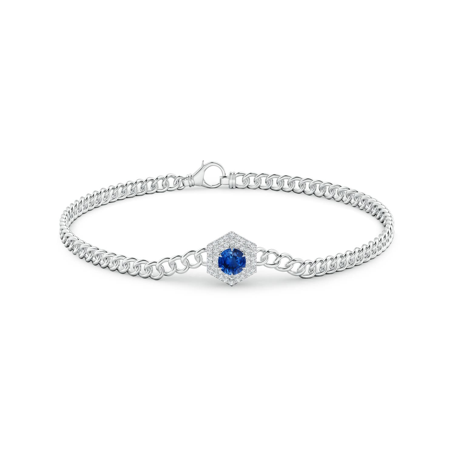 4.5mm AAA Round Sapphire Bracelet with Hexagonal Double Halo in White Gold - side 1