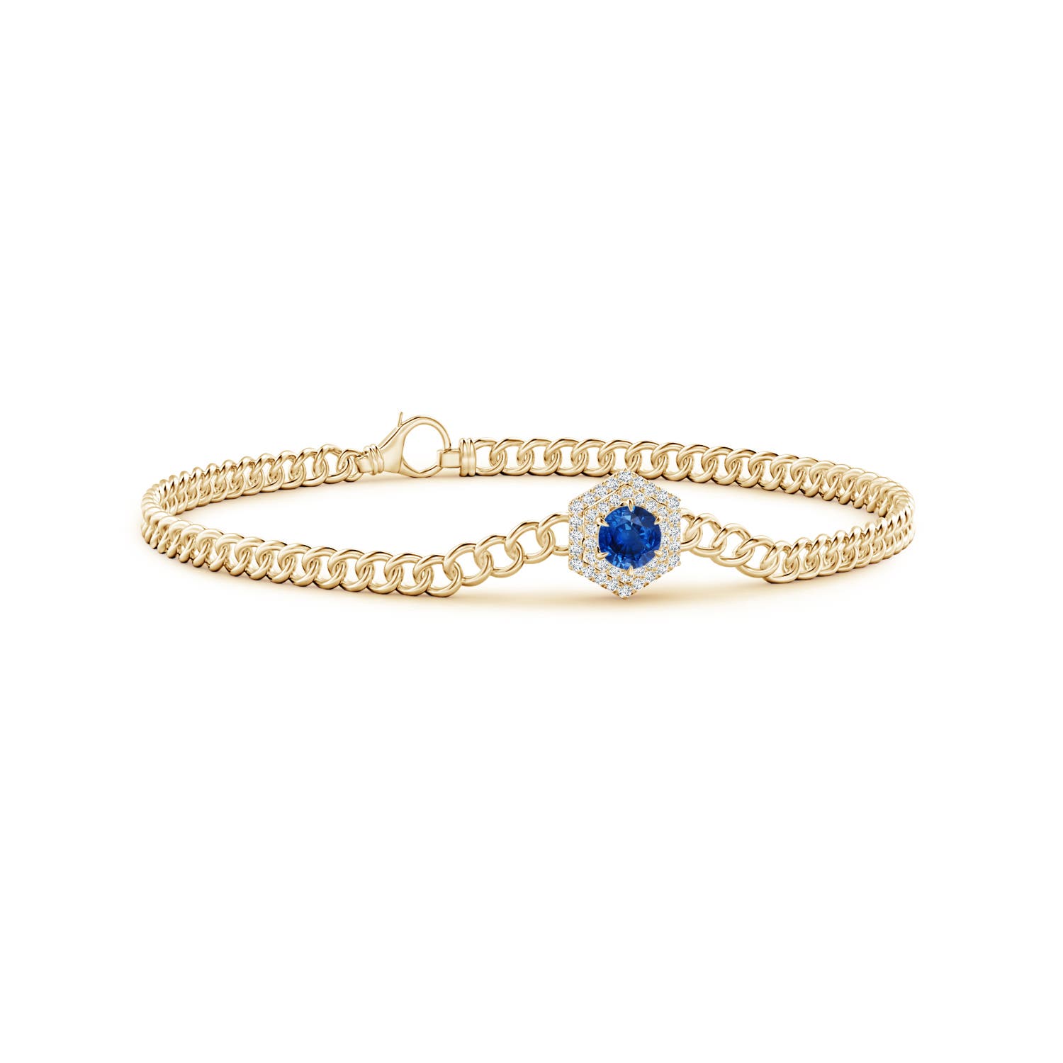 4.5mm AAA Round Sapphire Bracelet with Hexagonal Double Halo in Yellow Gold