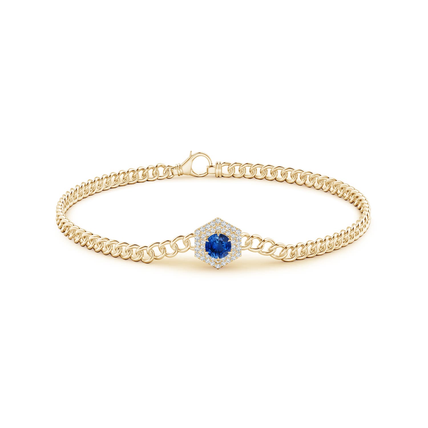 4.5mm AAA Round Sapphire Bracelet with Hexagonal Double Halo in Yellow Gold